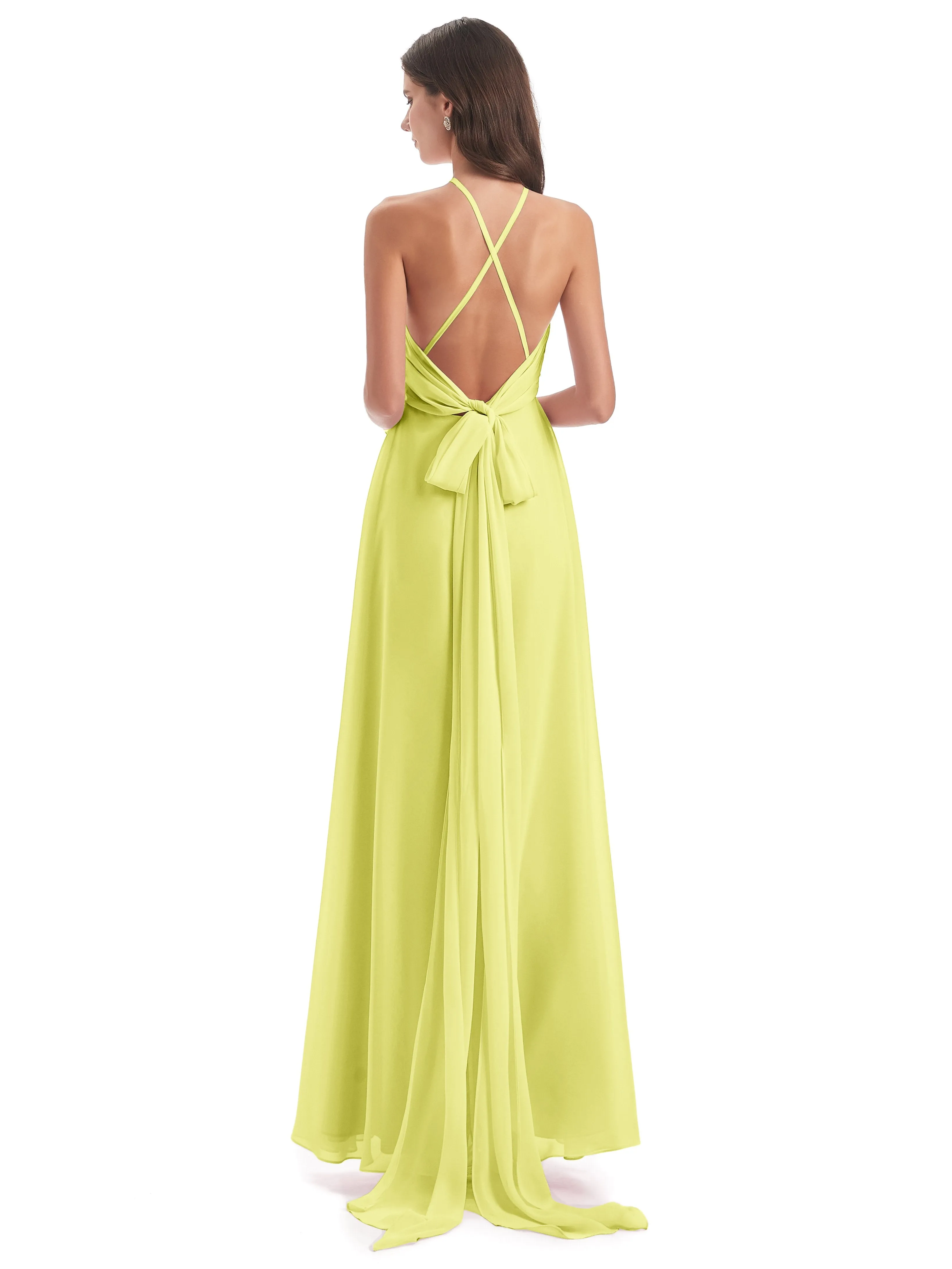 Ayla Modern Chiffon Sheath-Column Halter Long Bridesmaid Dresses