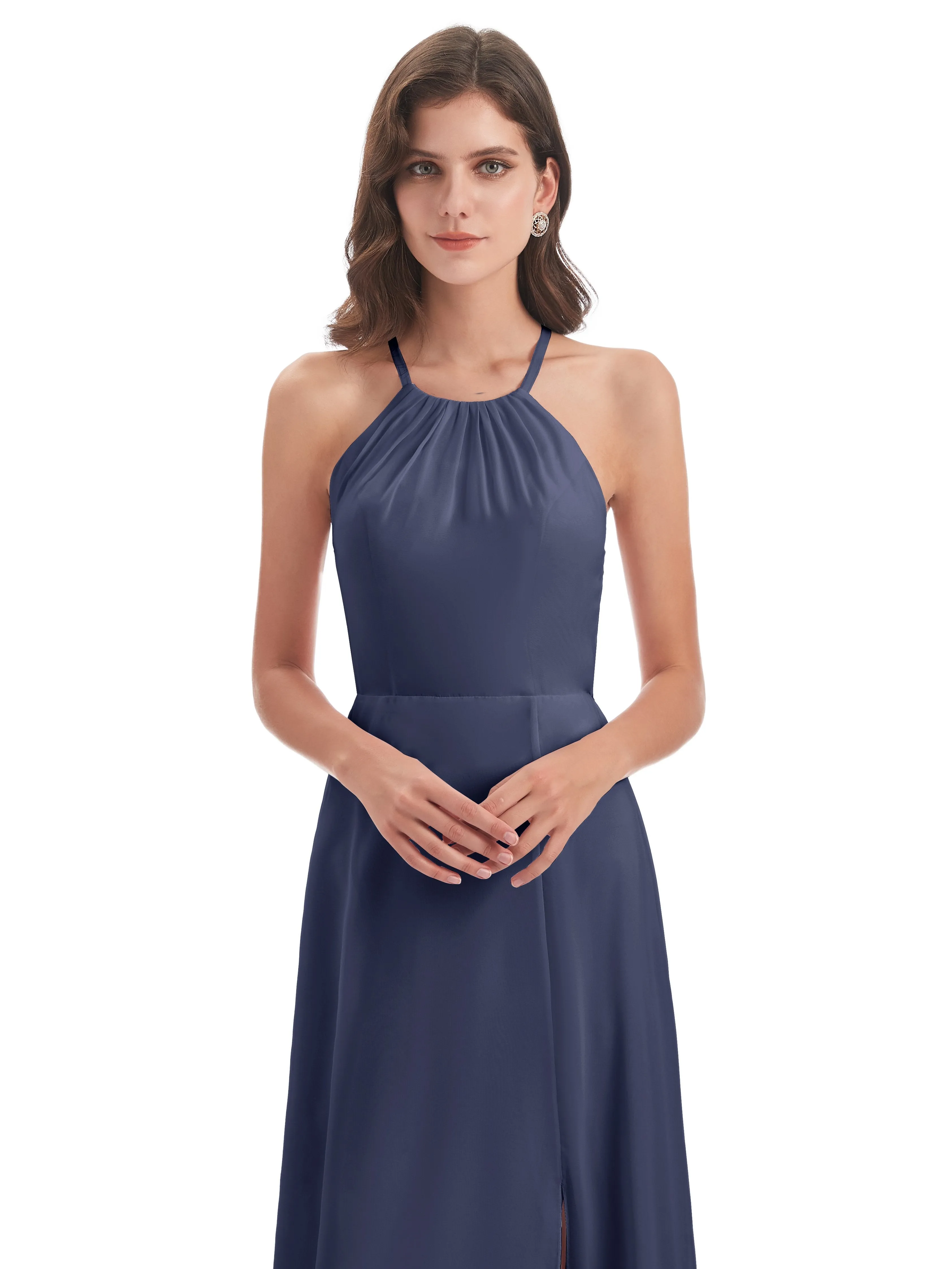 Ayla Modern Chiffon Sheath-Column Halter Long Bridesmaid Dresses