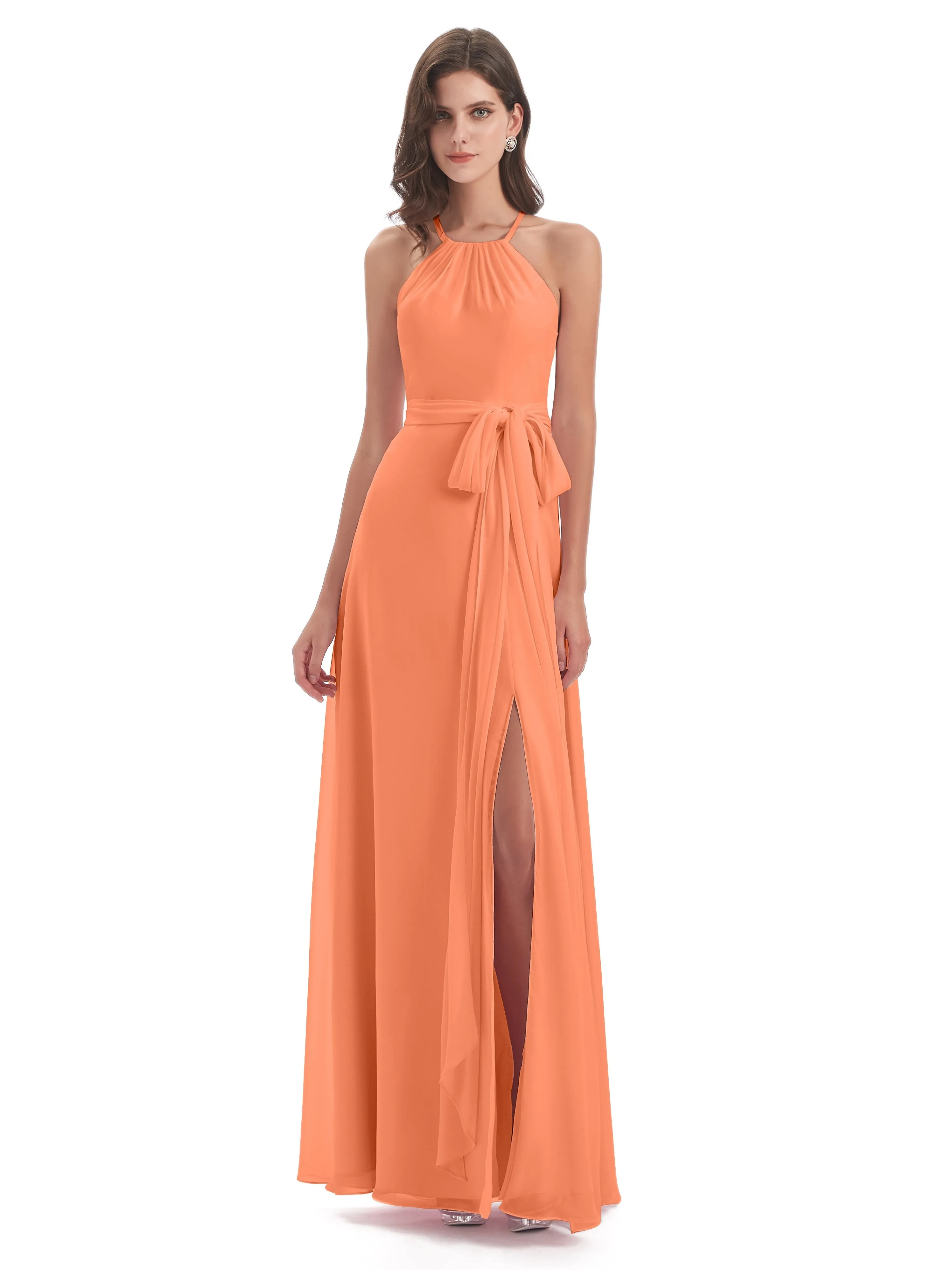 Ayla Modern Chiffon Sheath-Column Halter Long Bridesmaid Dresses