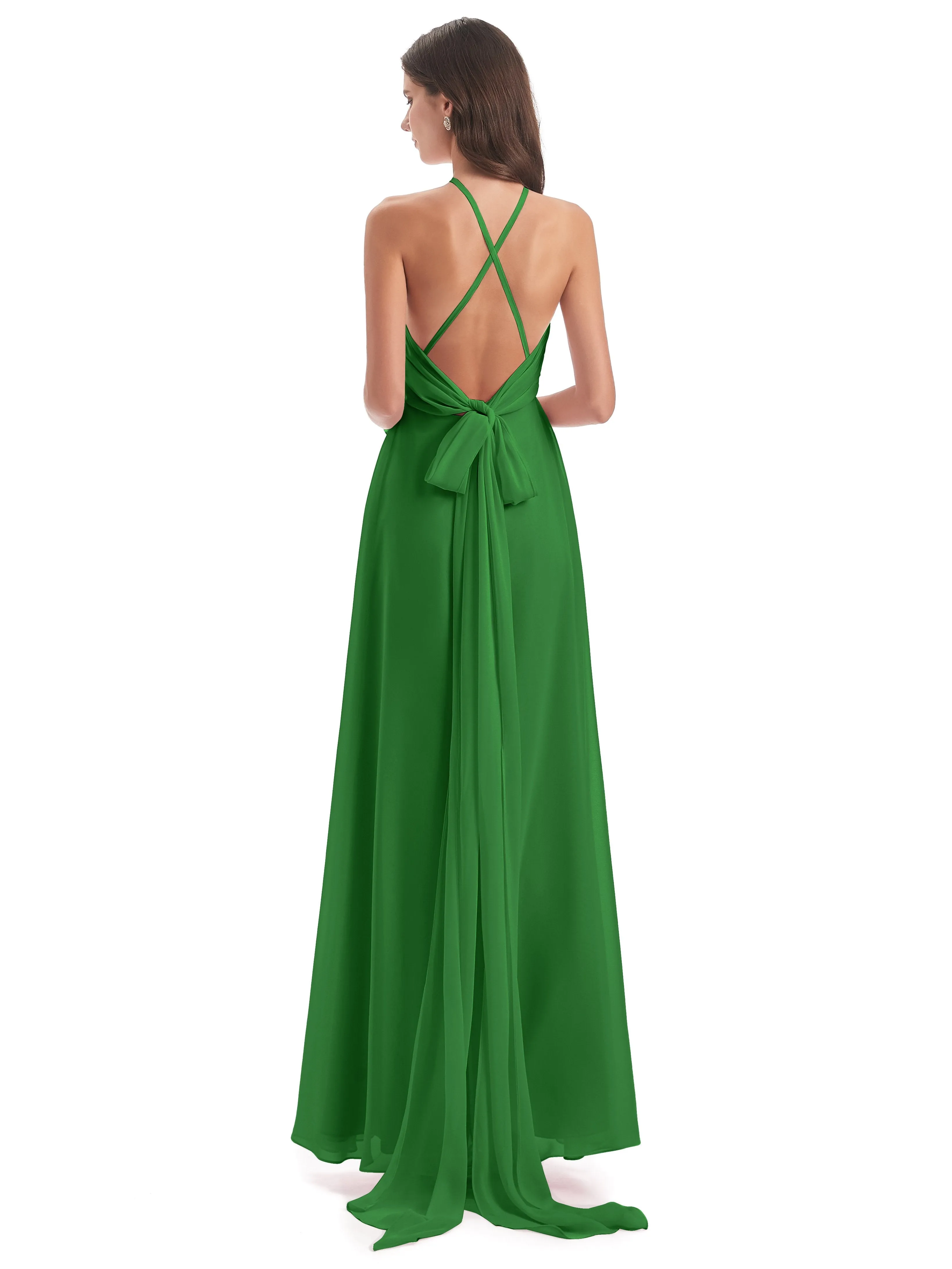 Ayla Modern Chiffon Sheath-Column Halter Long Bridesmaid Dresses