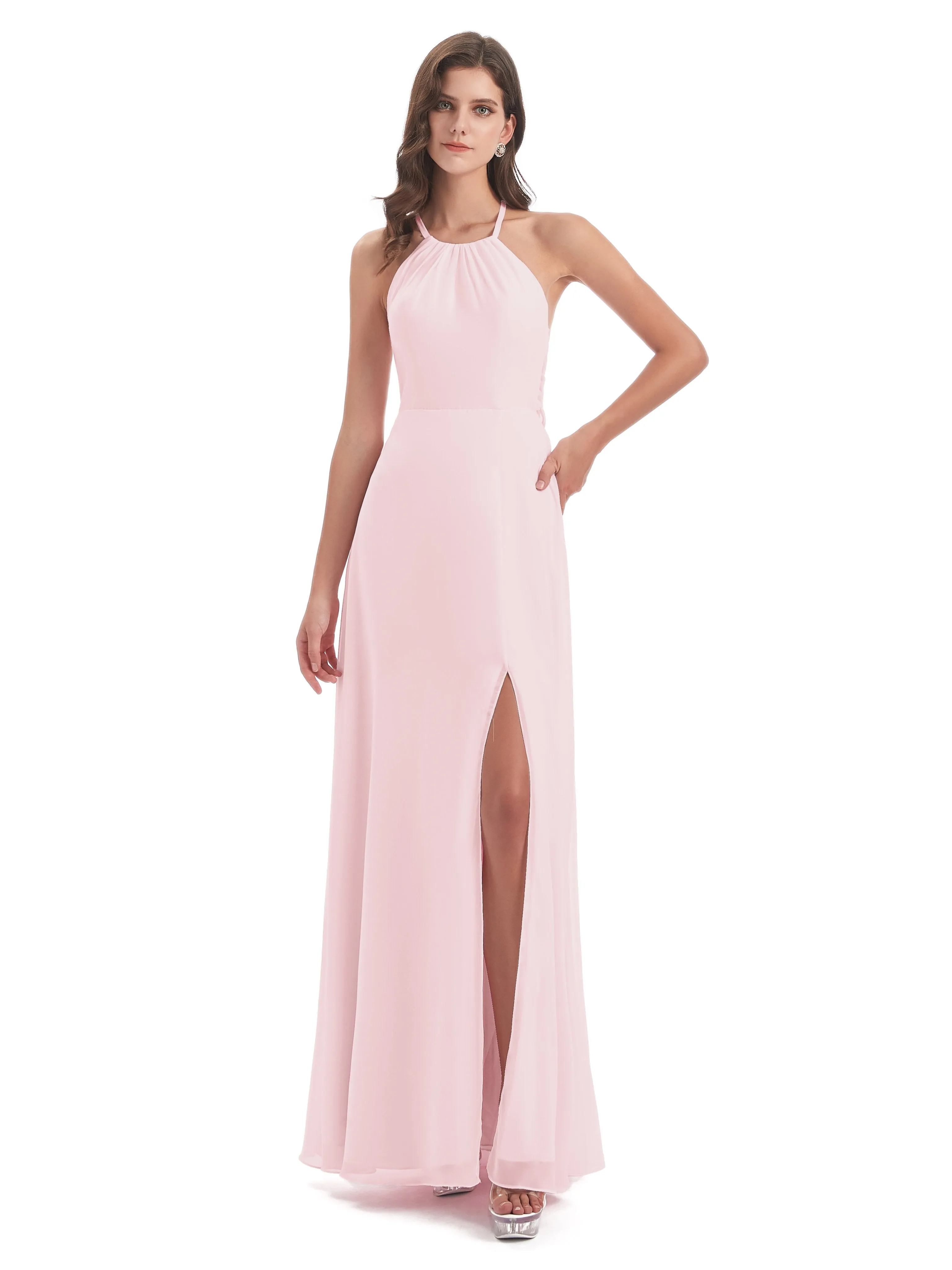 Ayla Modern Chiffon Sheath-Column Halter Long Bridesmaid Dresses