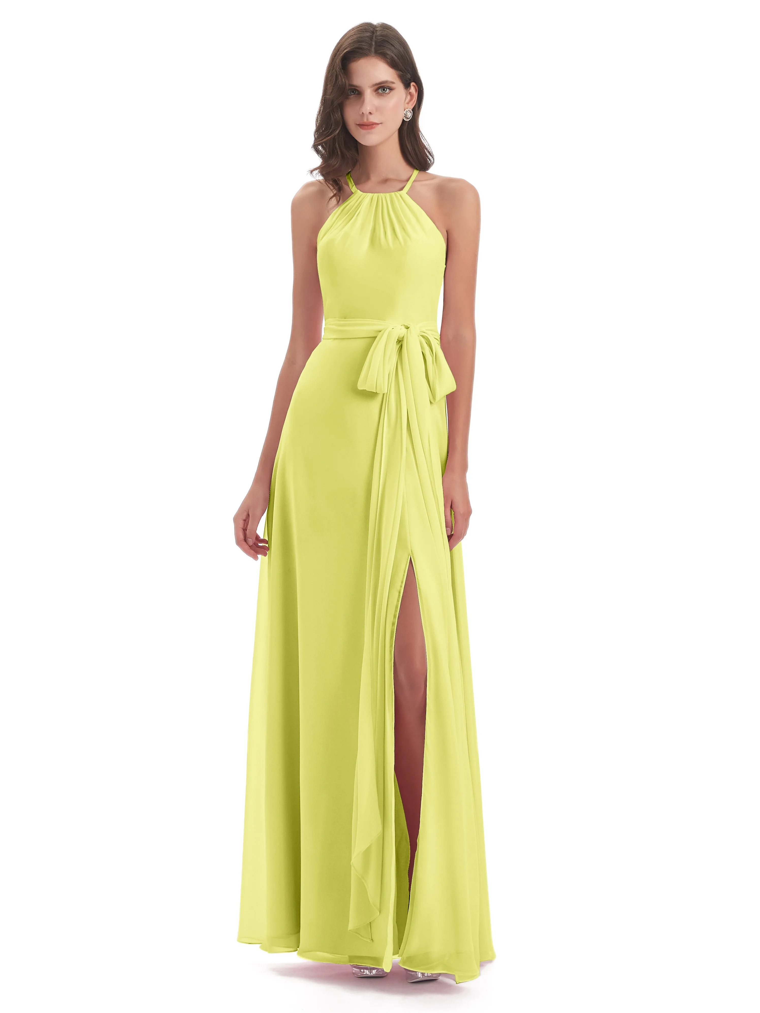 Ayla Modern Chiffon Sheath-Column Halter Long Bridesmaid Dresses