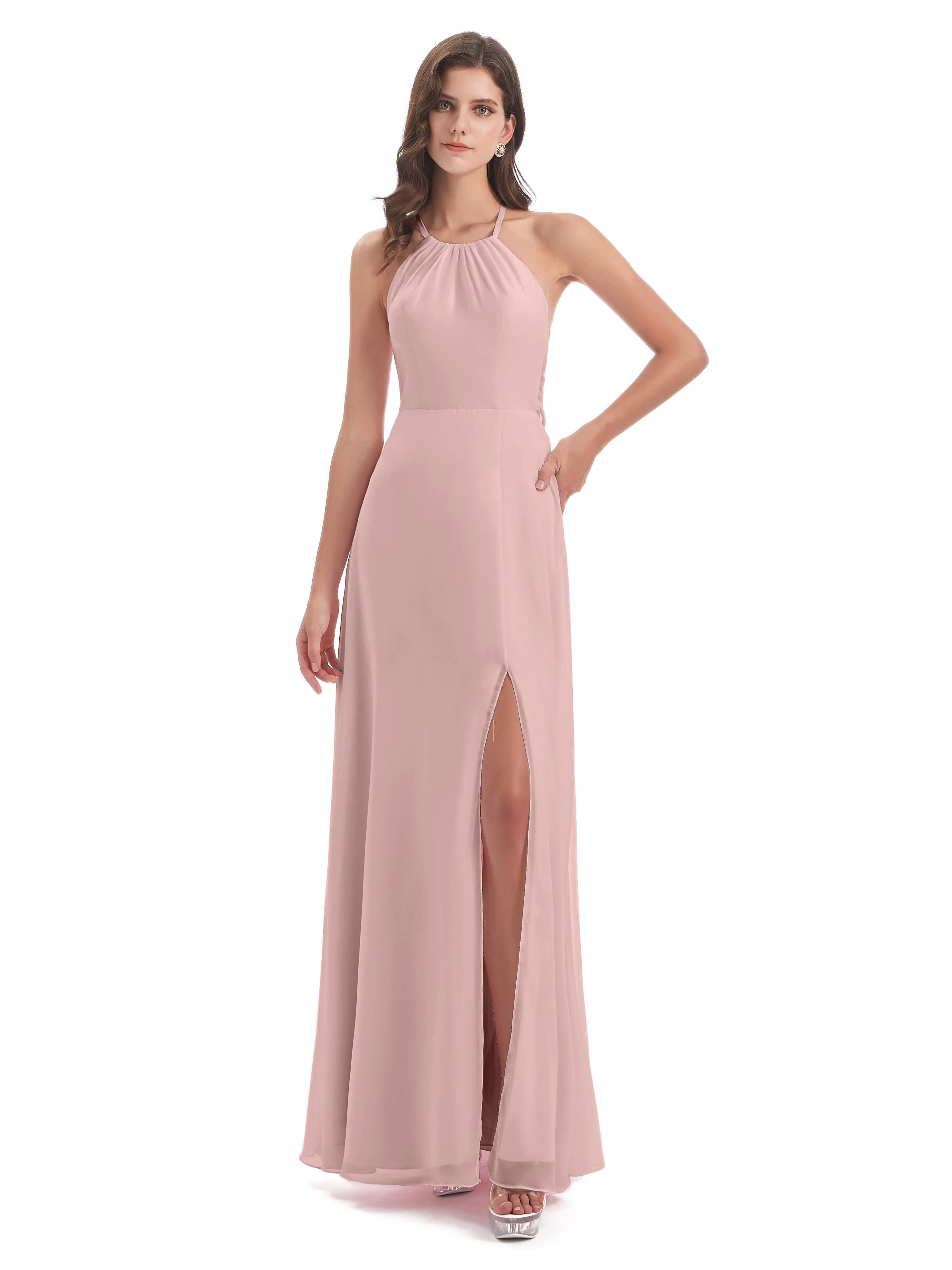 Ayla Modern Chiffon Sheath-Column Halter Long Bridesmaid Dresses