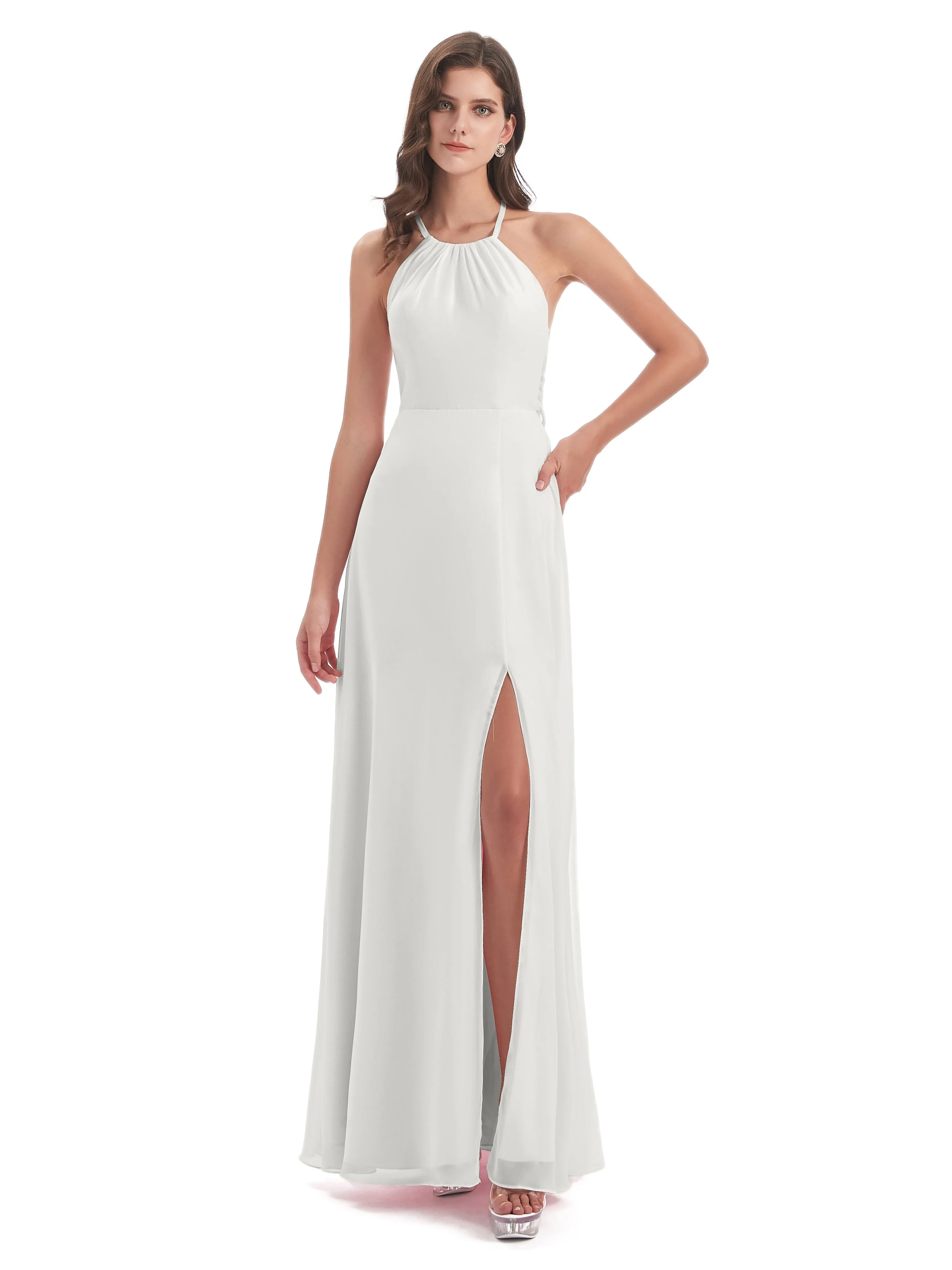 Ayla Modern Chiffon Sheath-Column Halter Long Bridesmaid Dresses