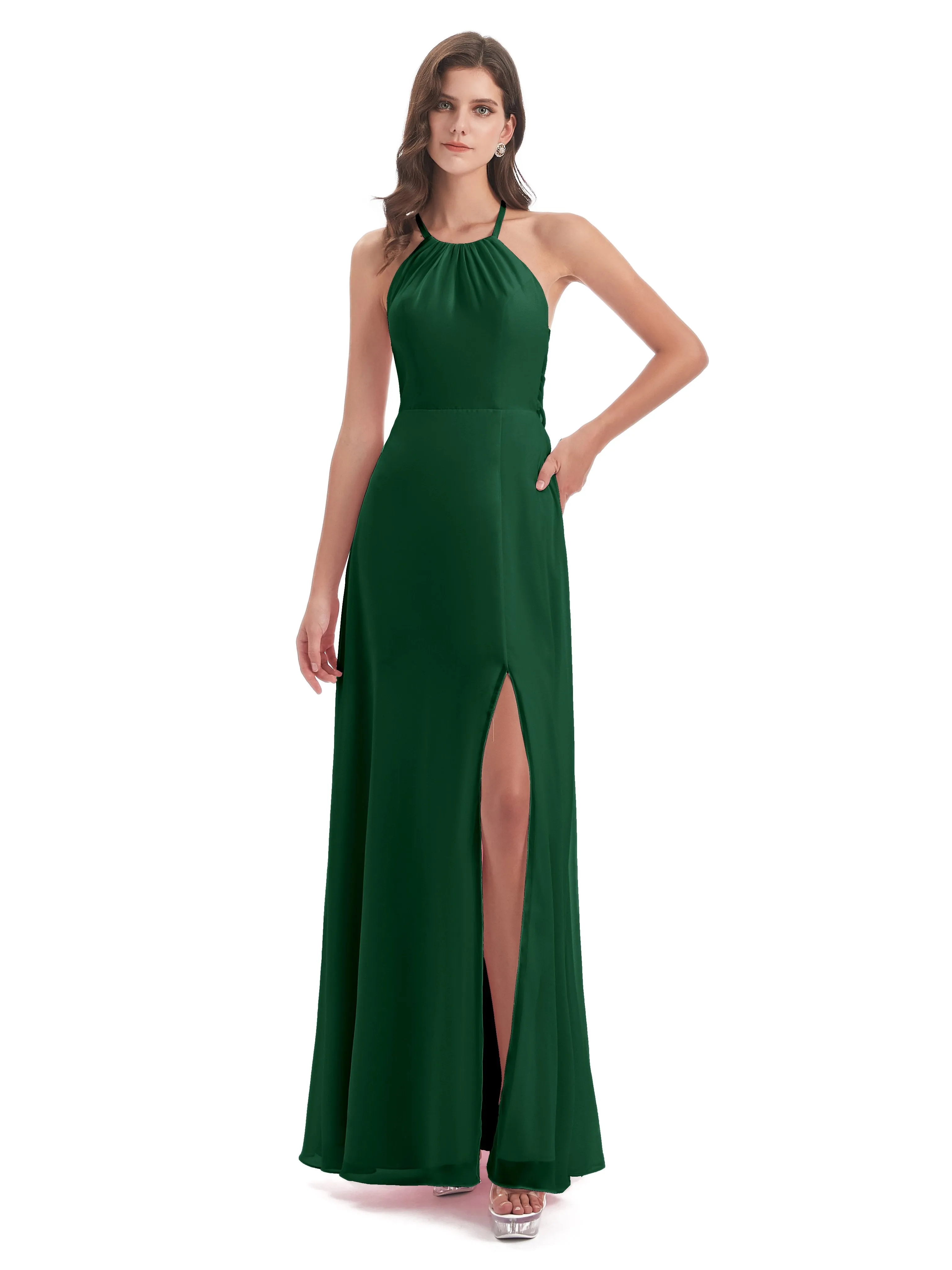 Ayla Modern Chiffon Sheath-Column Halter Long Bridesmaid Dresses