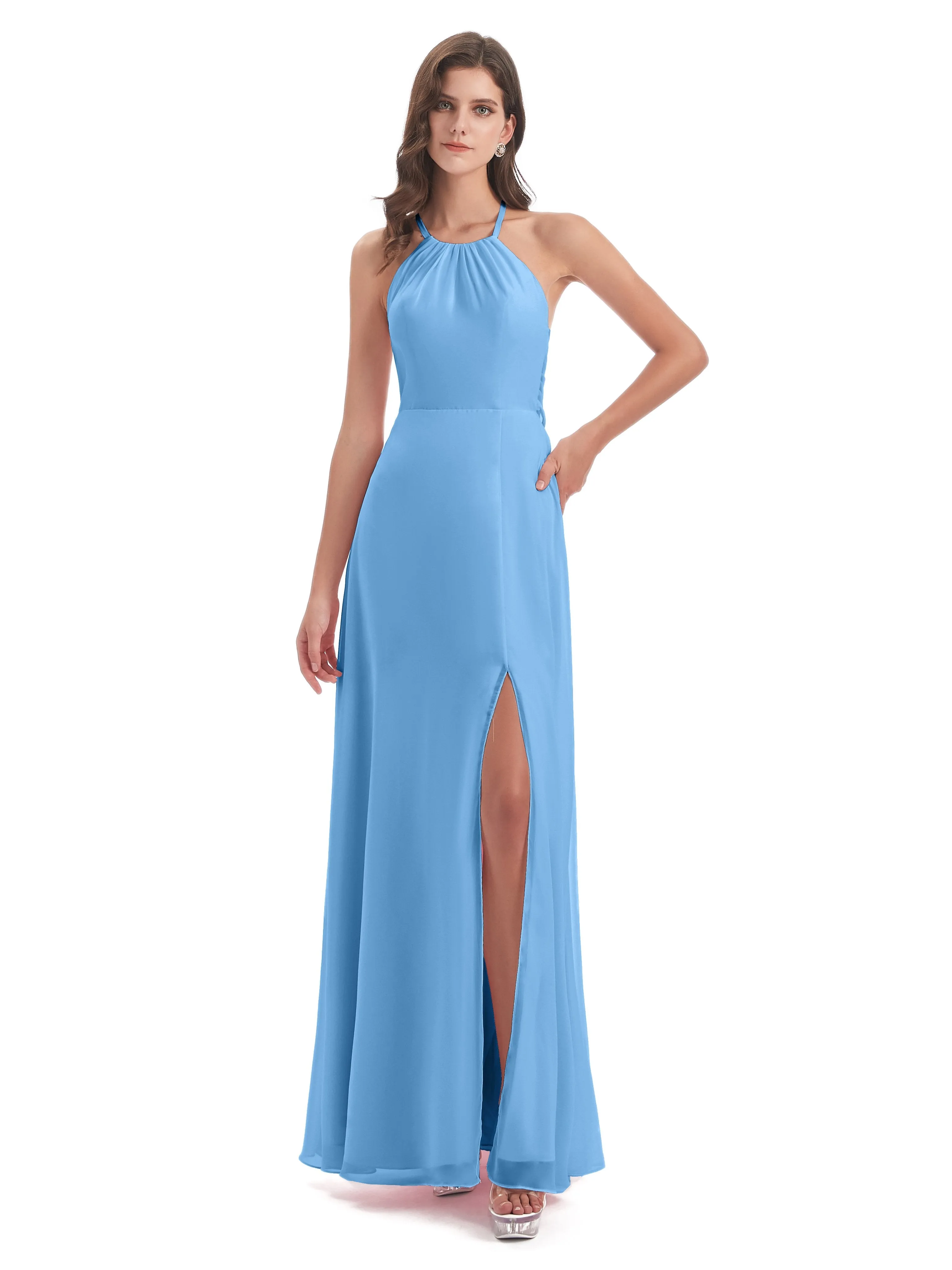 Ayla Modern Chiffon Sheath-Column Halter Long Bridesmaid Dresses