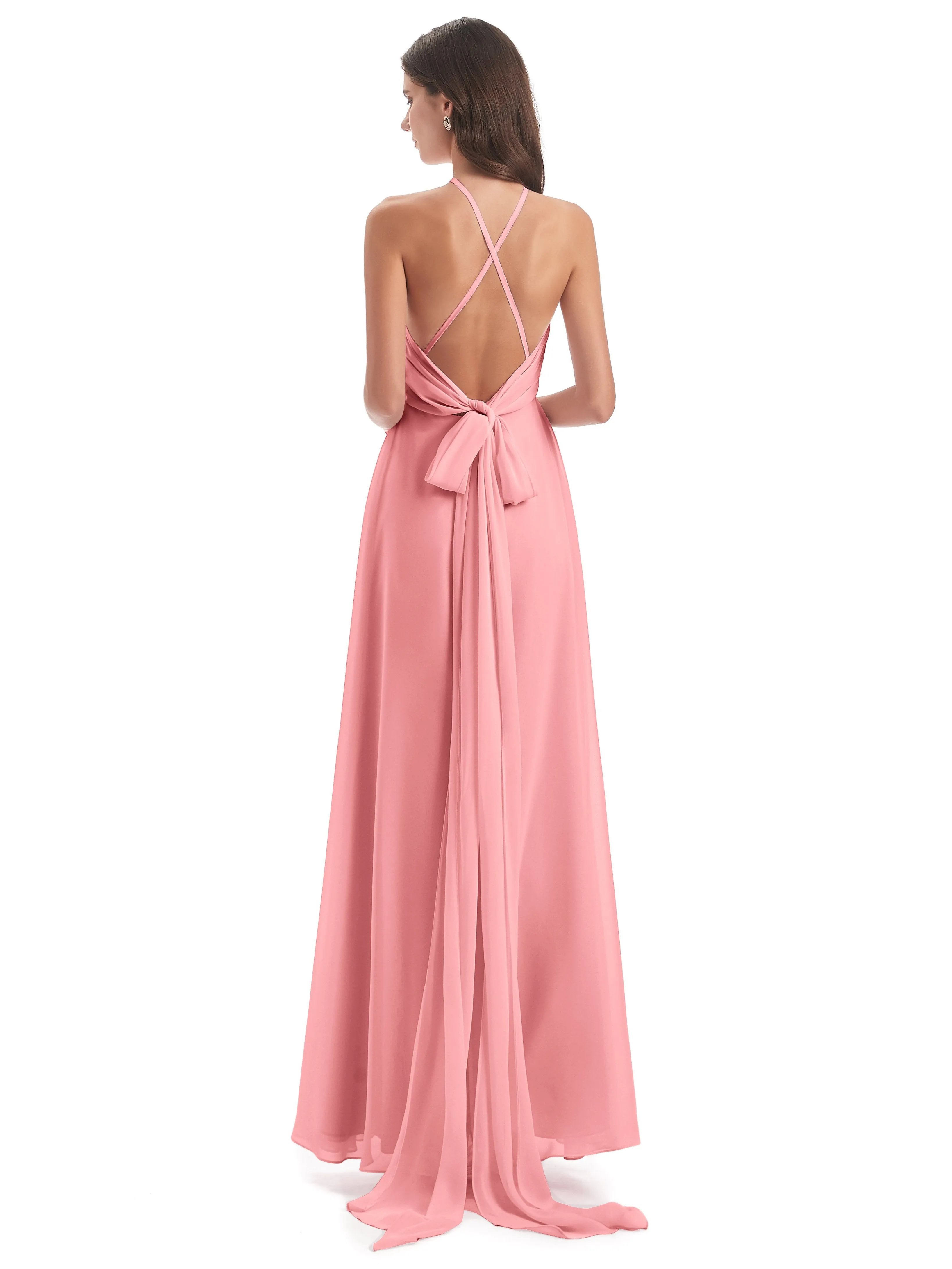 Ayla Modern Chiffon Sheath-Column Halter Long Bridesmaid Dresses