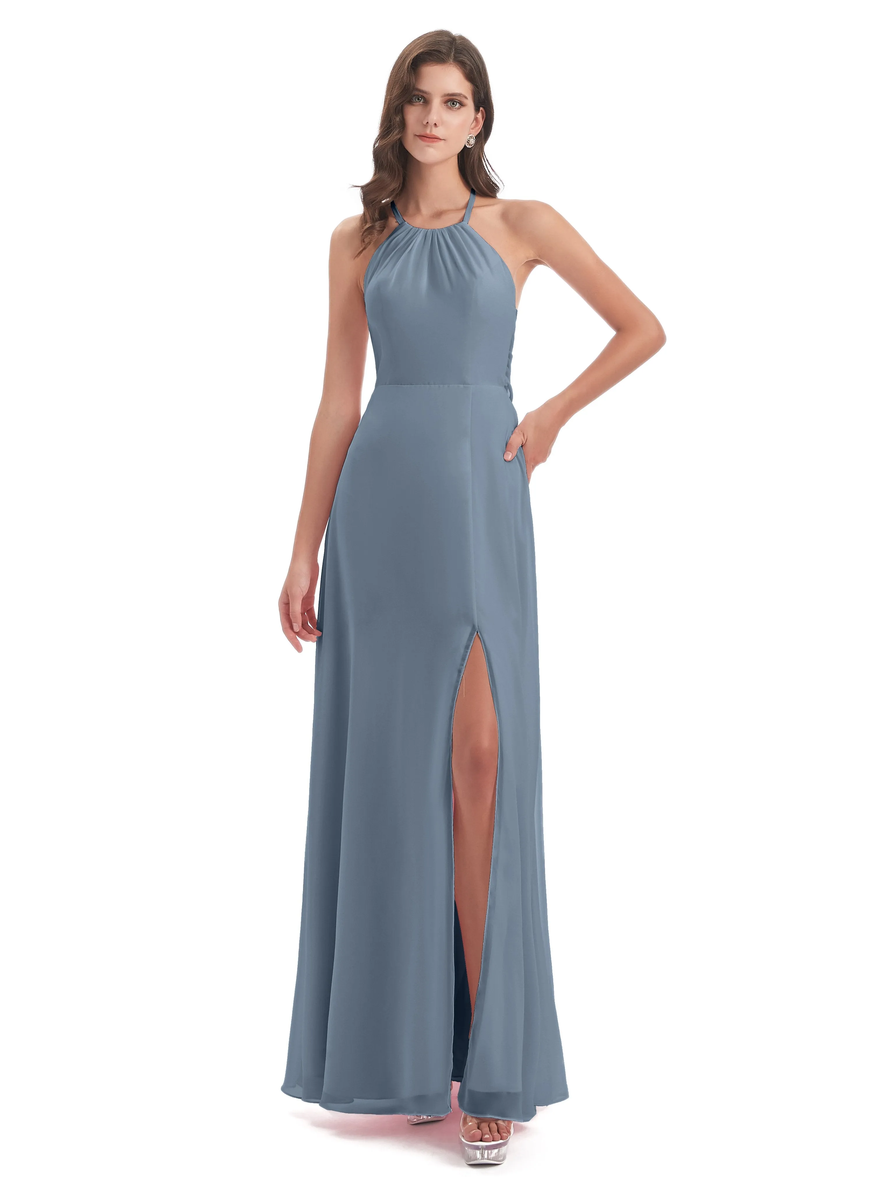 Ayla Modern Chiffon Sheath-Column Halter Long Bridesmaid Dresses