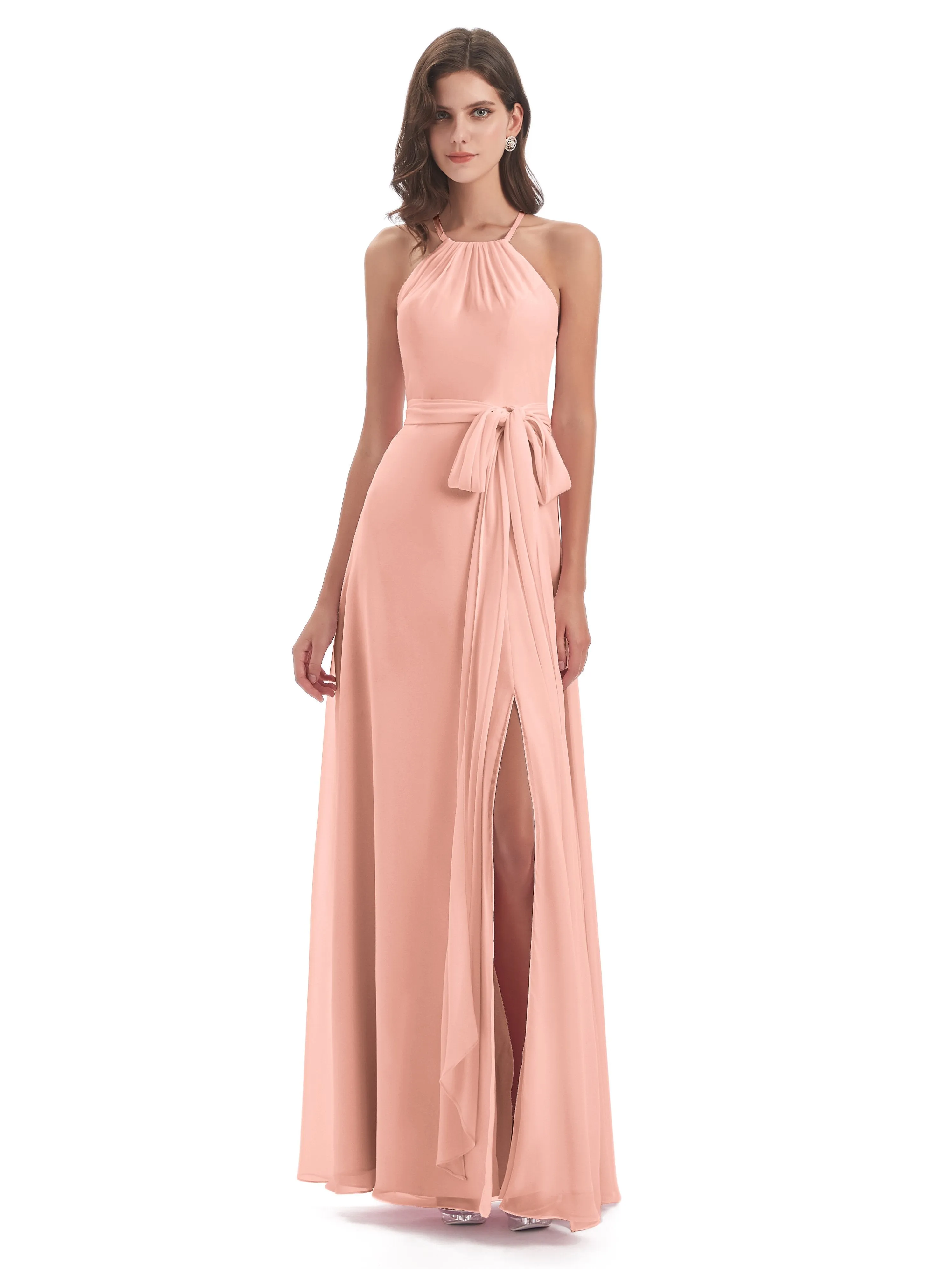 Ayla Modern Chiffon Sheath-Column Halter Long Bridesmaid Dresses