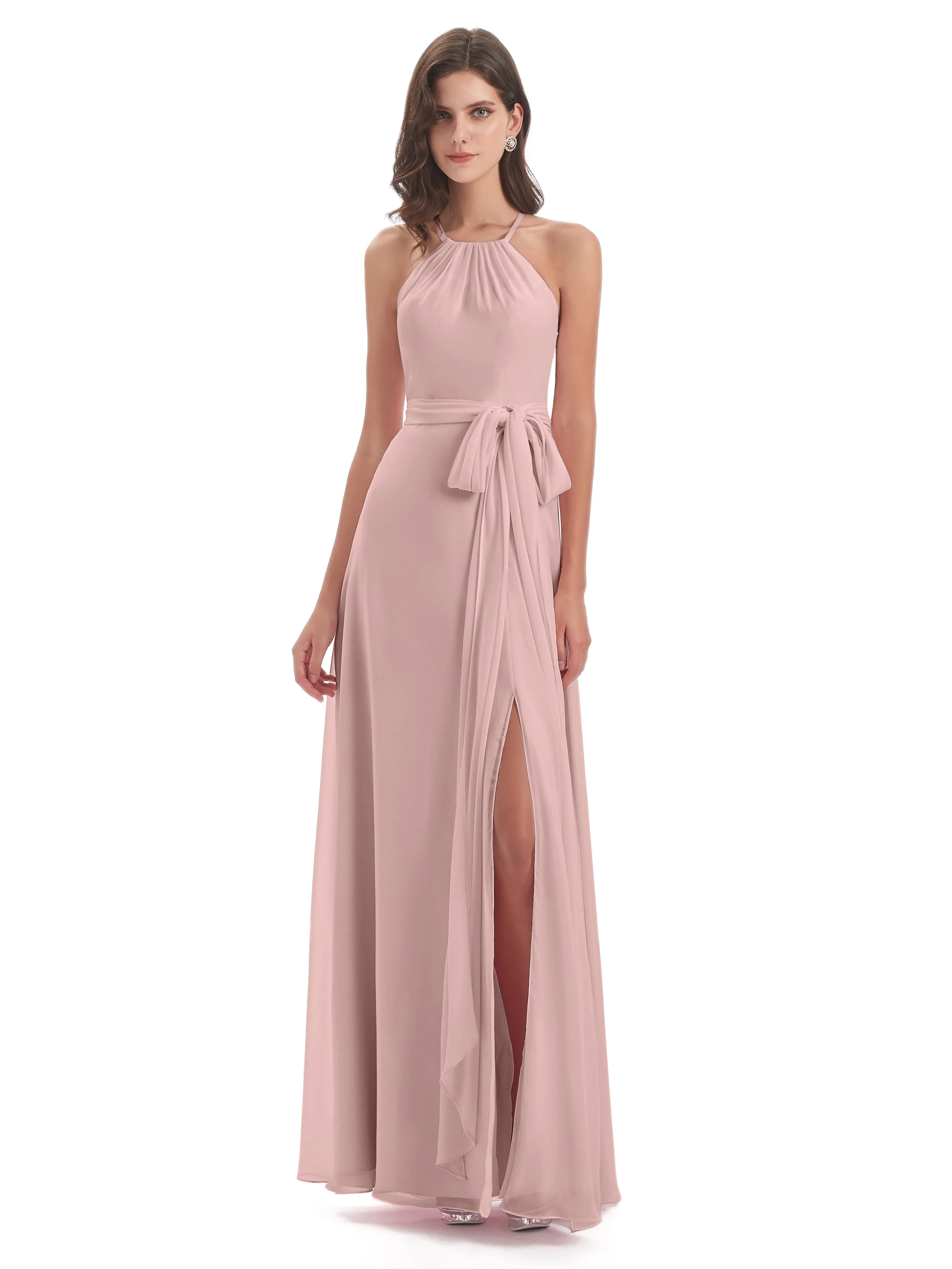 Ayla Modern Chiffon Sheath-Column Halter Long Bridesmaid Dresses