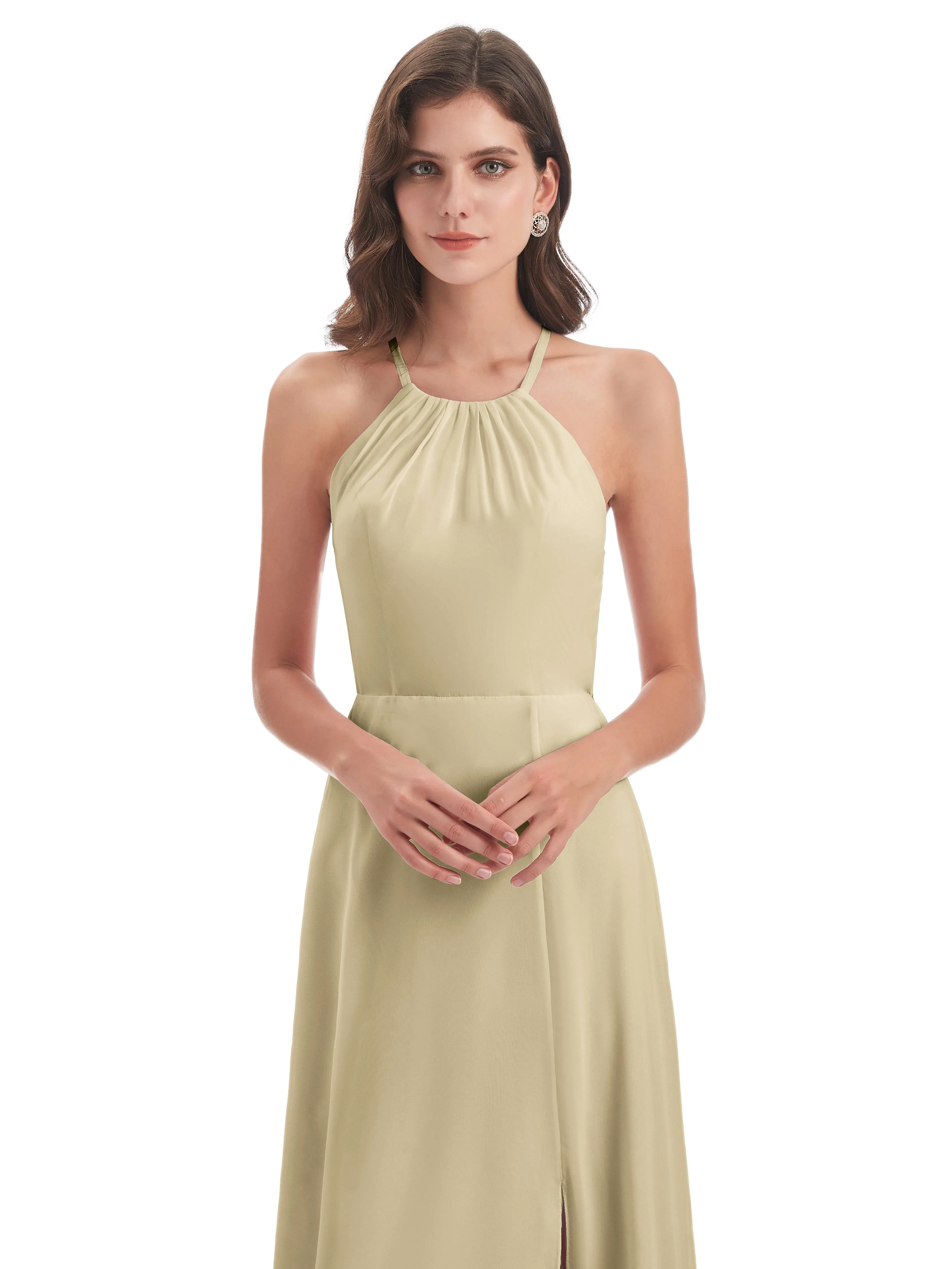 Ayla Modern Chiffon Sheath-Column Halter Long Bridesmaid Dresses