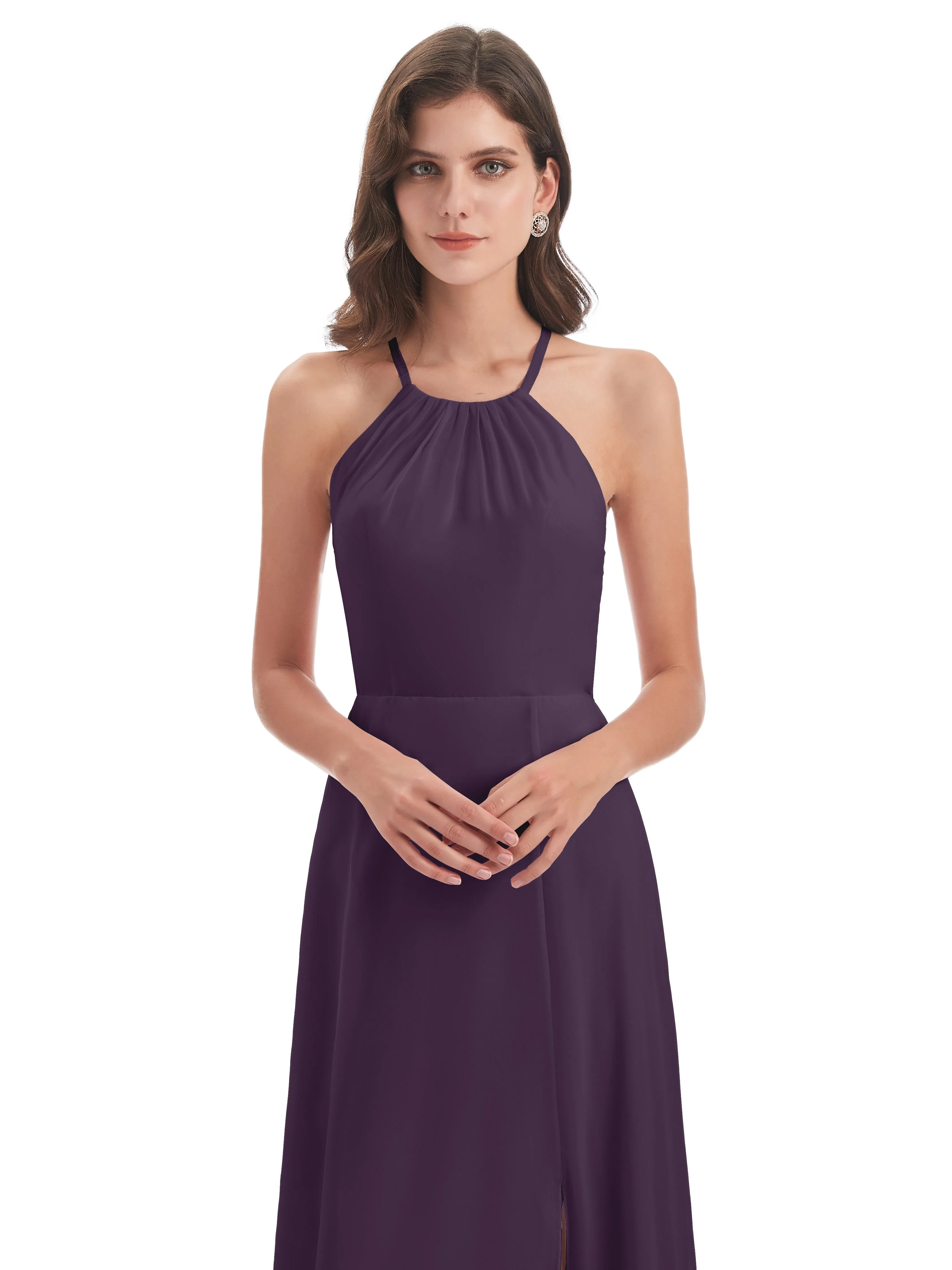 Ayla Modern Chiffon Sheath-Column Halter Long Bridesmaid Dresses