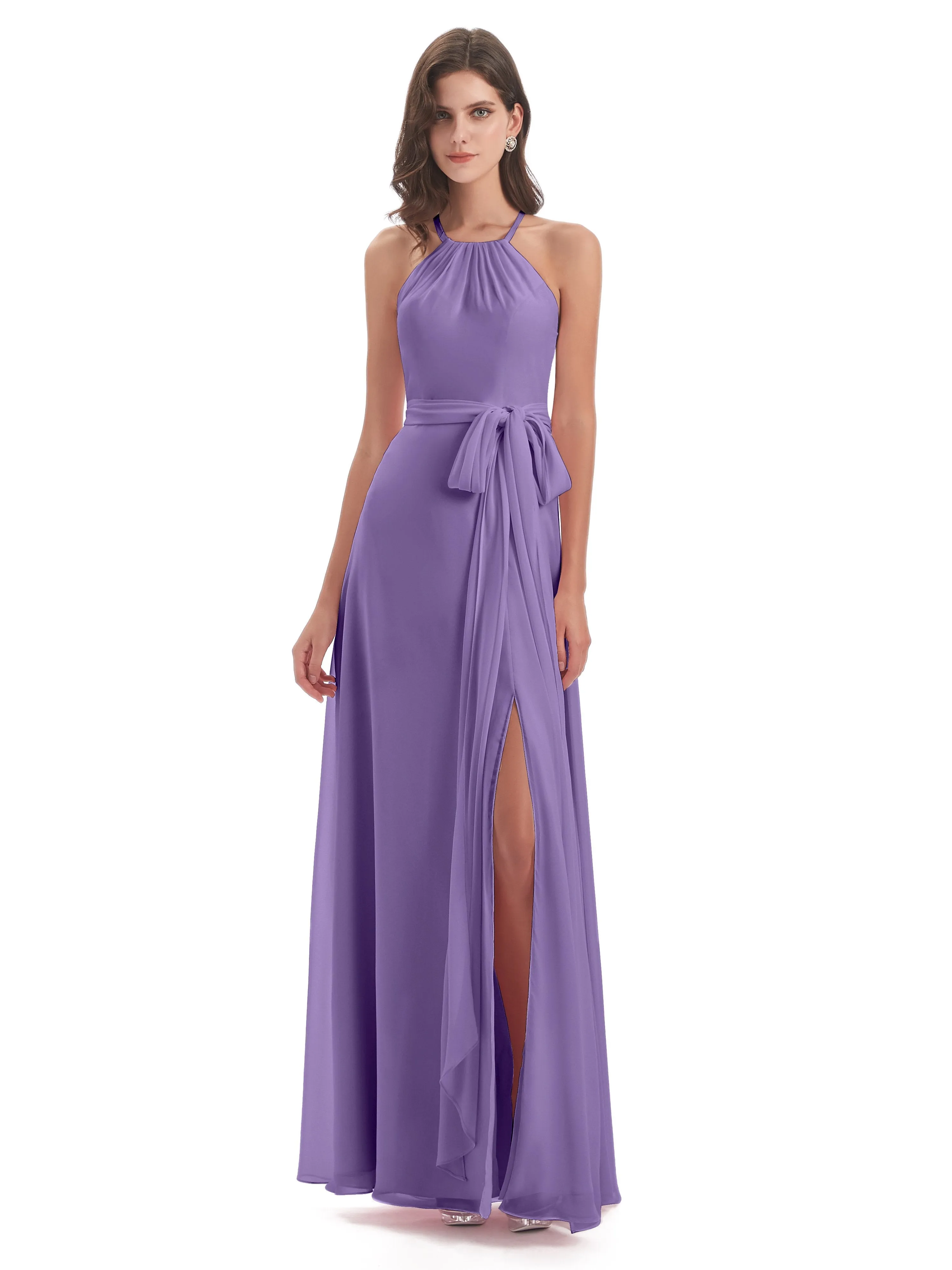 Ayla Modern Chiffon Sheath-Column Halter Long Bridesmaid Dresses