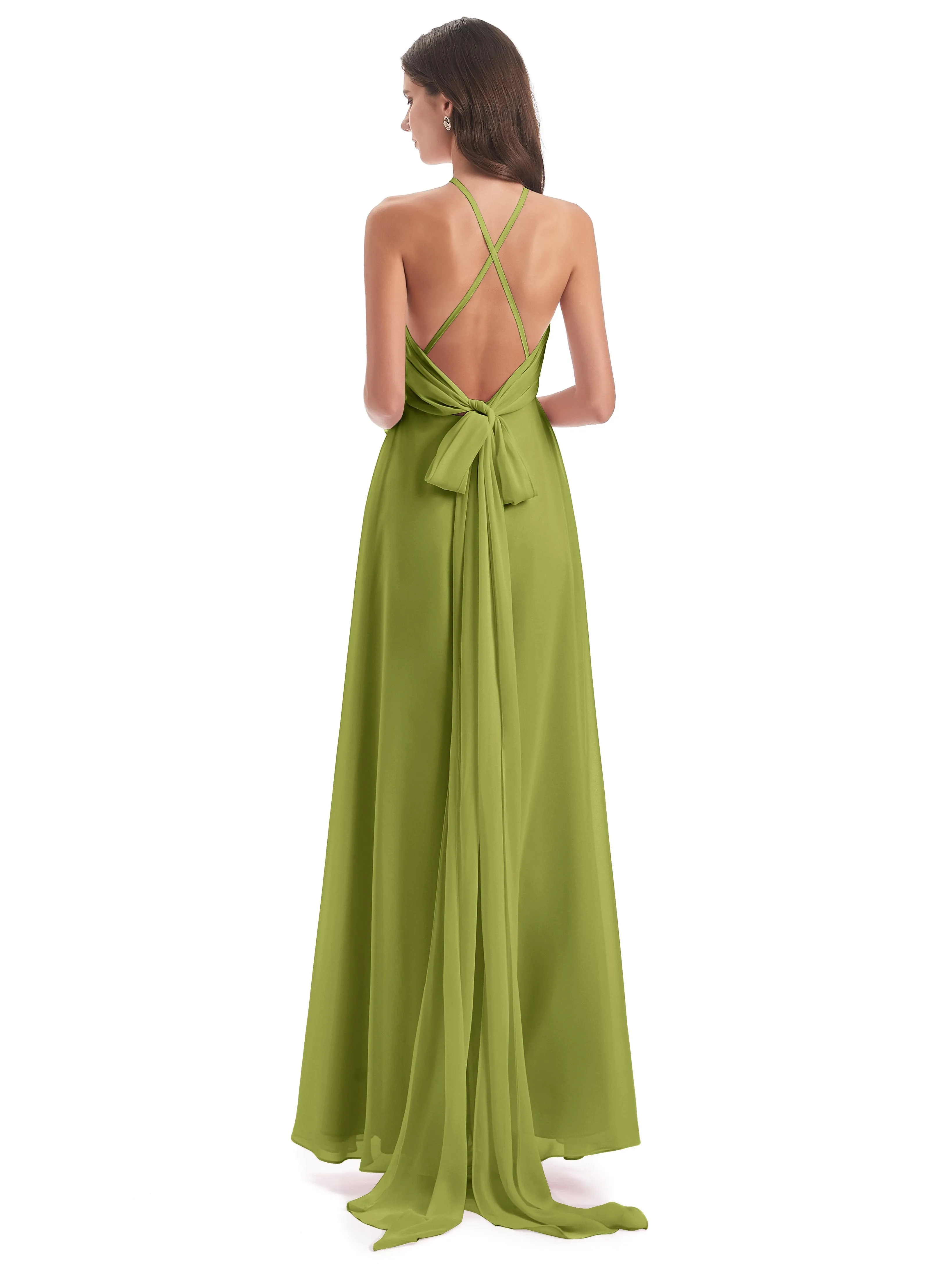 Ayla Modern Chiffon Sheath-Column Halter Long Bridesmaid Dresses