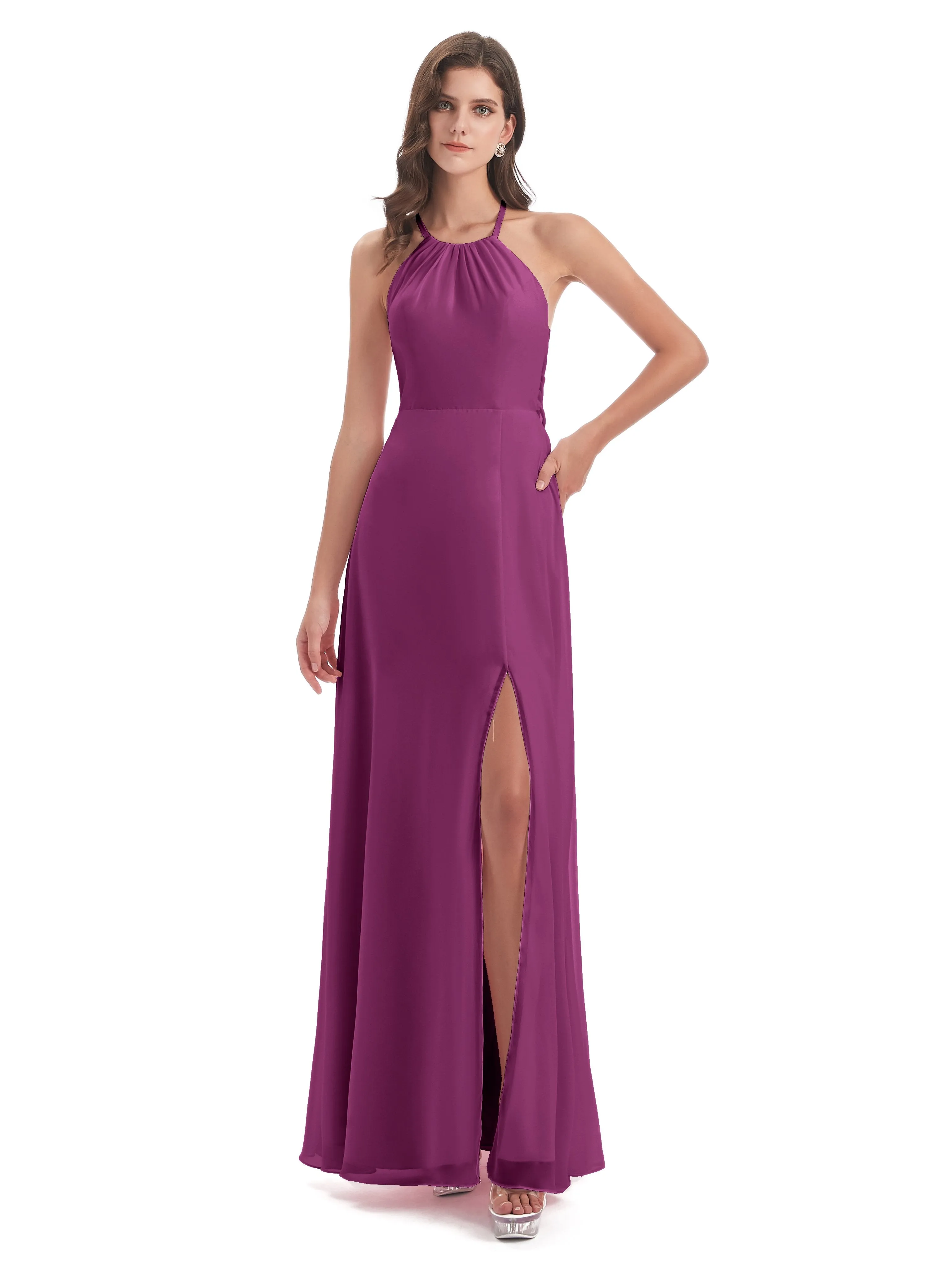 Ayla Modern Chiffon Sheath-Column Halter Long Bridesmaid Dresses