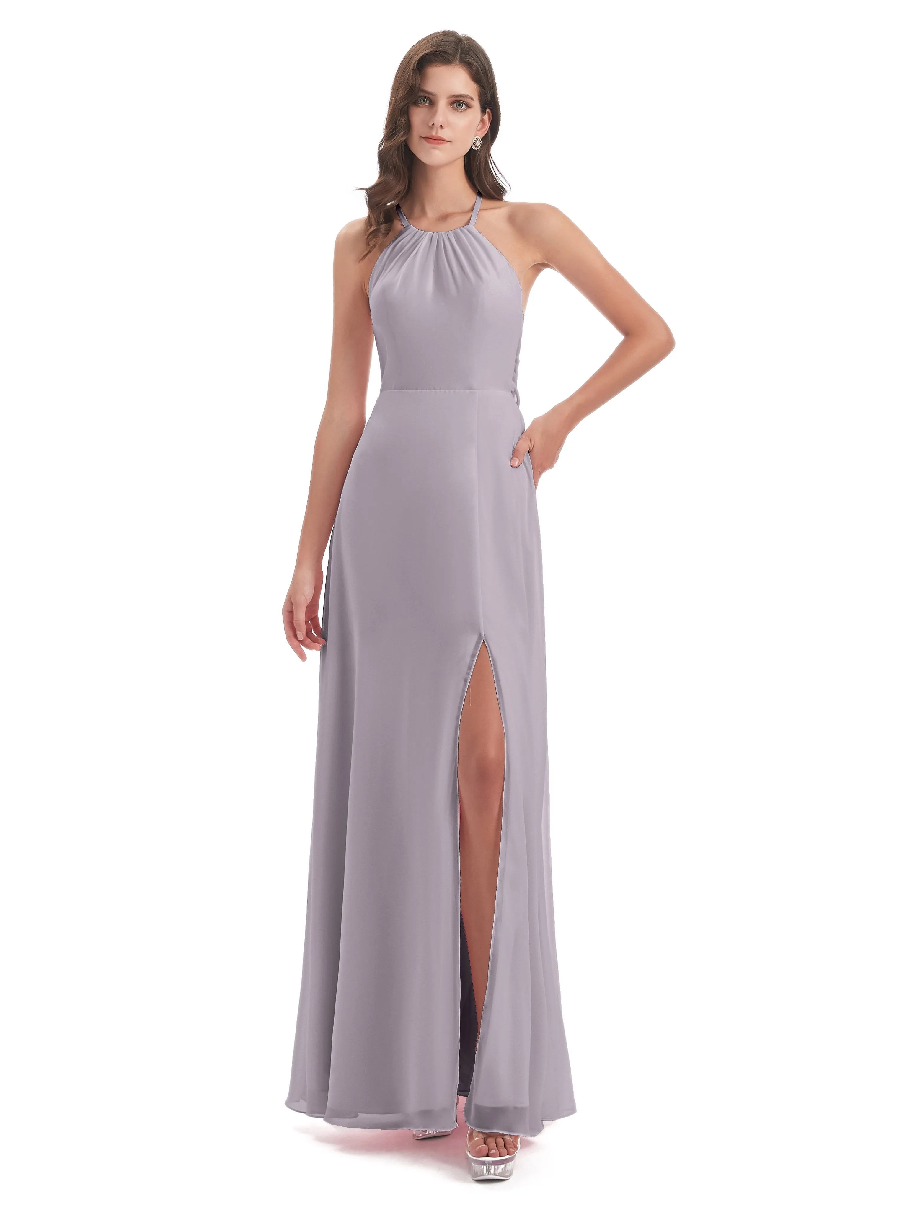 Ayla Modern Chiffon Sheath-Column Halter Long Bridesmaid Dresses