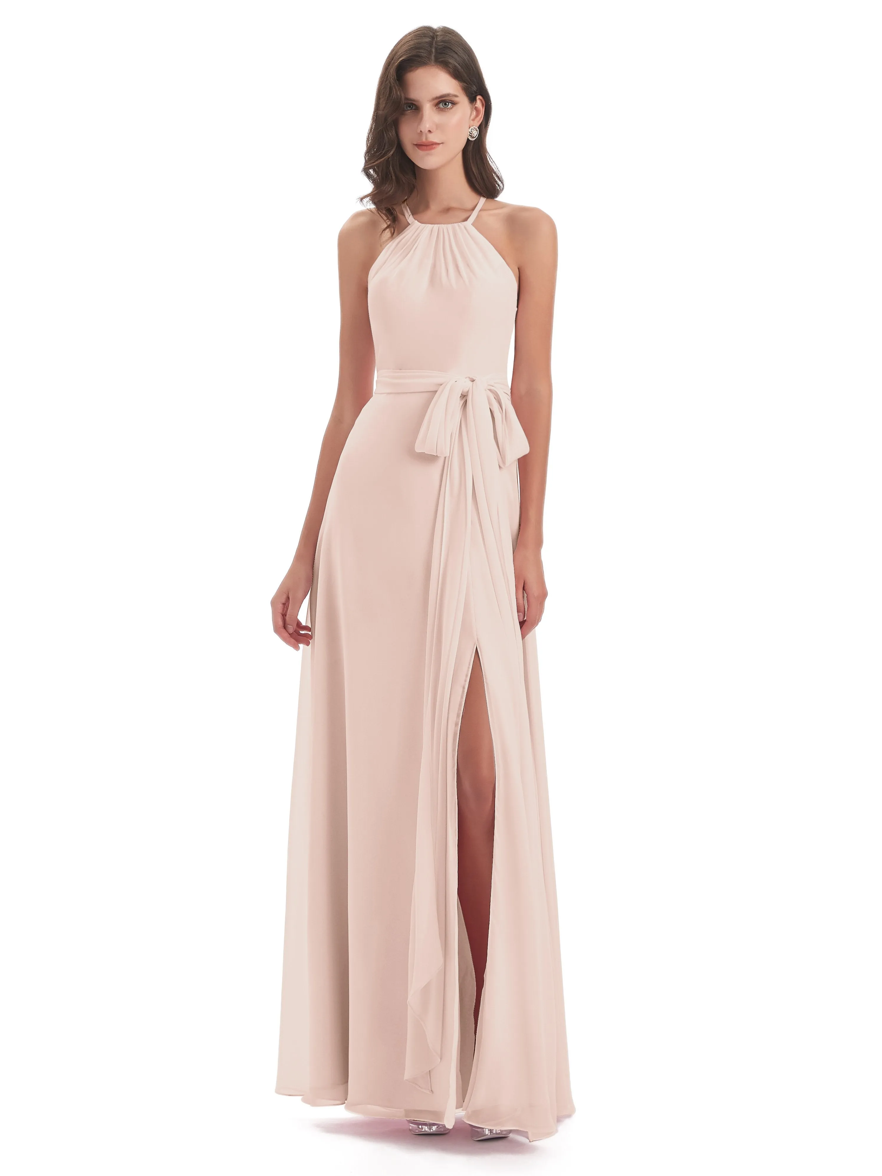 Ayla Modern Chiffon Sheath-Column Halter Long Bridesmaid Dresses