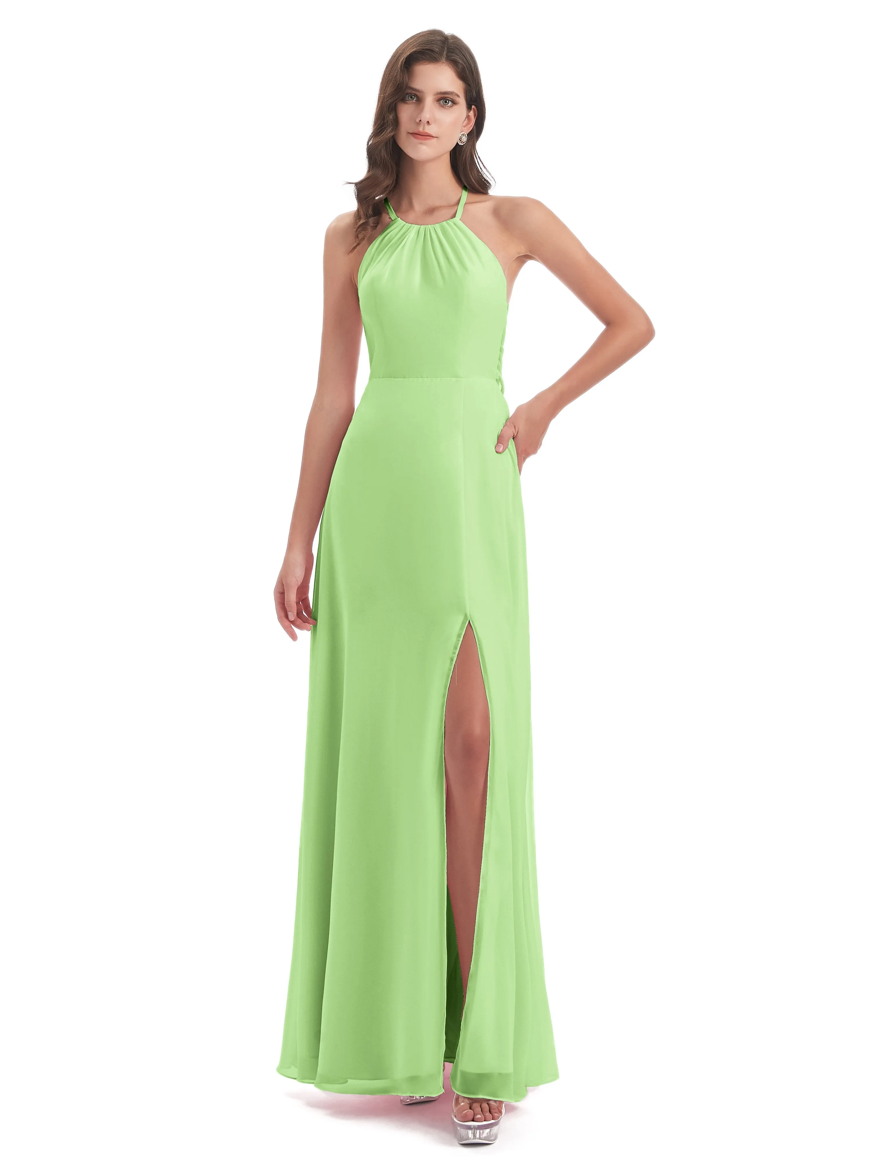 Ayla Modern Chiffon Sheath-Column Halter Long Bridesmaid Dresses