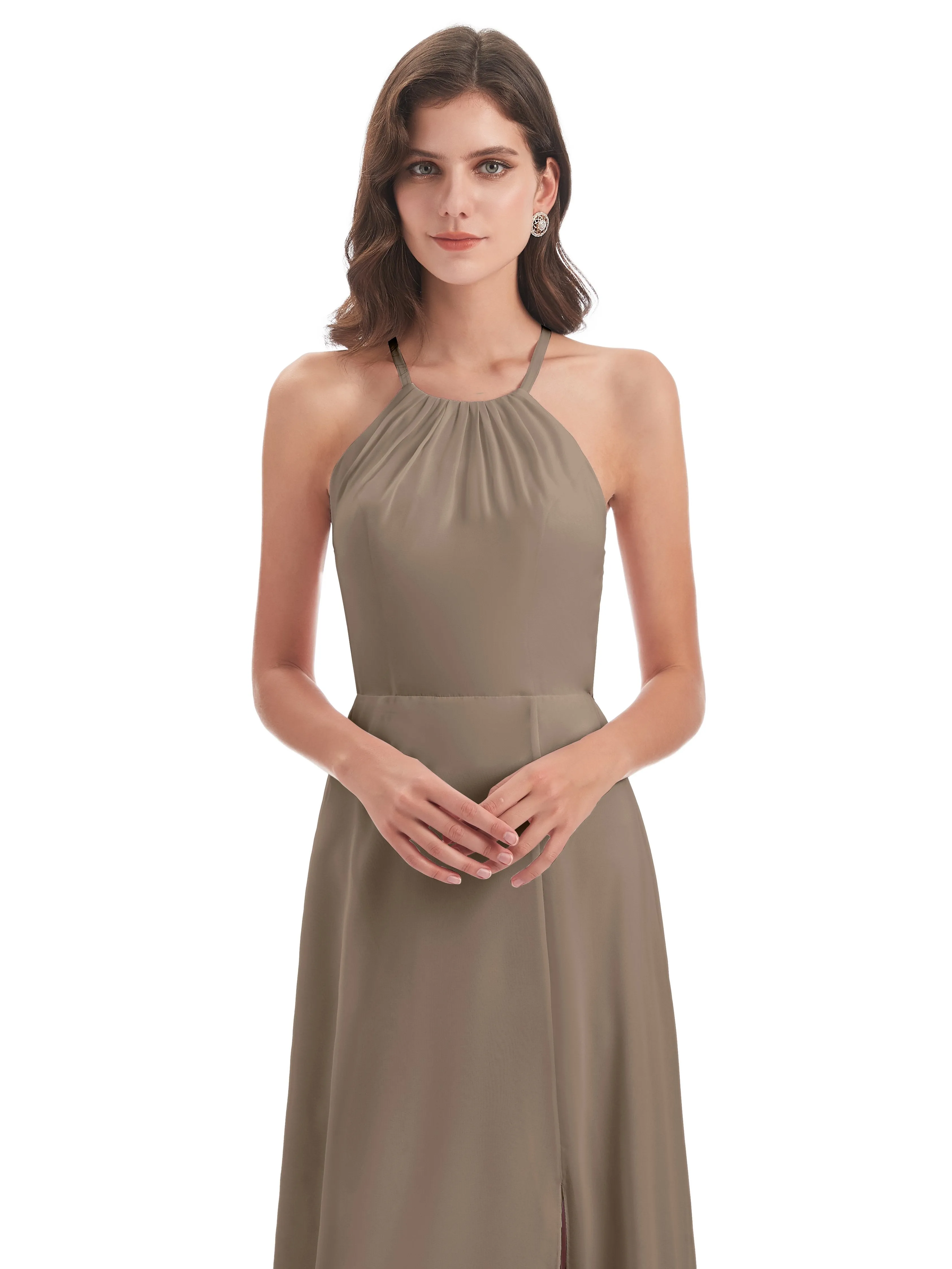 Ayla Modern Chiffon Sheath-Column Halter Long Bridesmaid Dresses