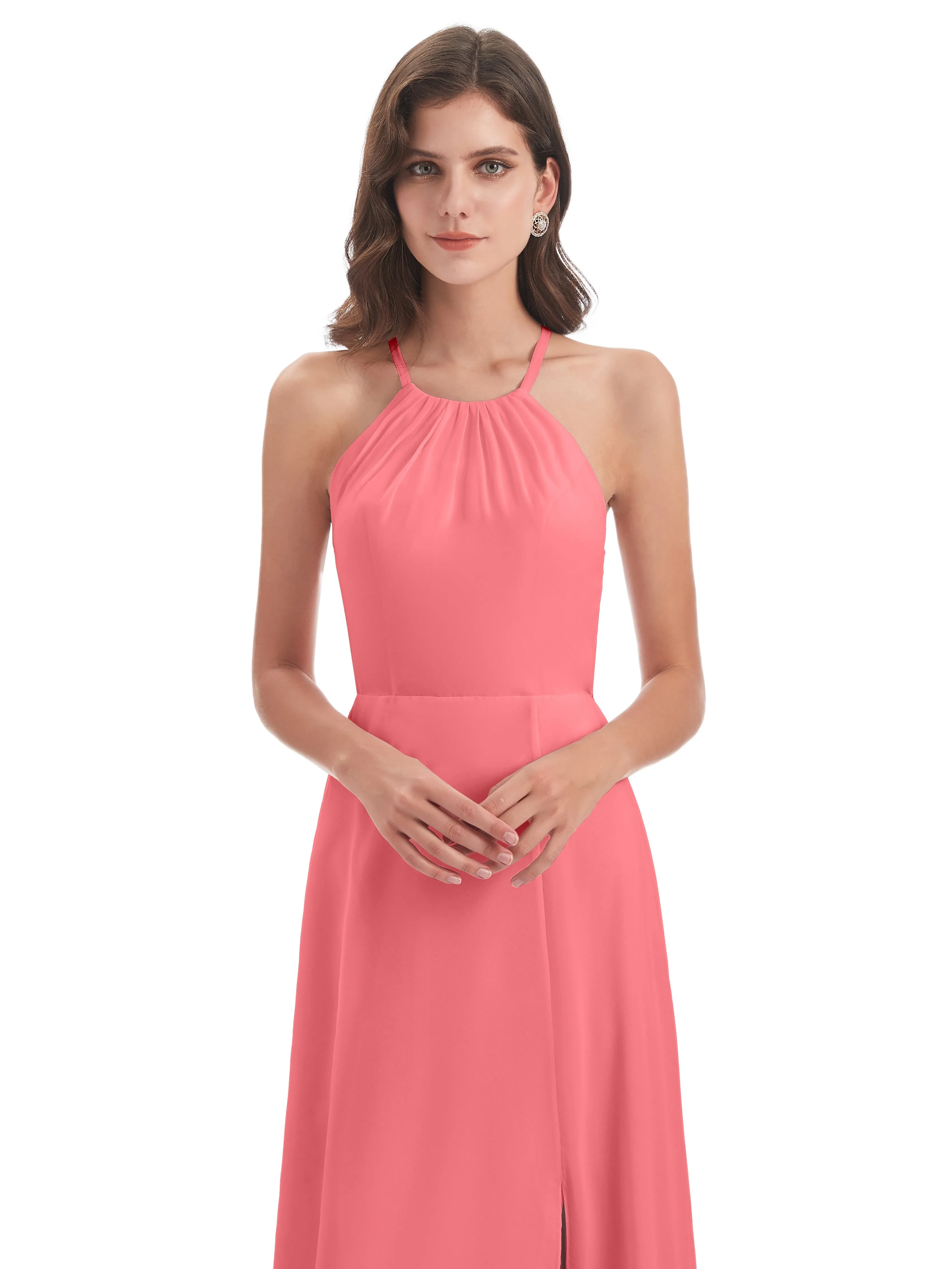 Ayla Modern Chiffon Sheath-Column Halter Long Bridesmaid Dresses