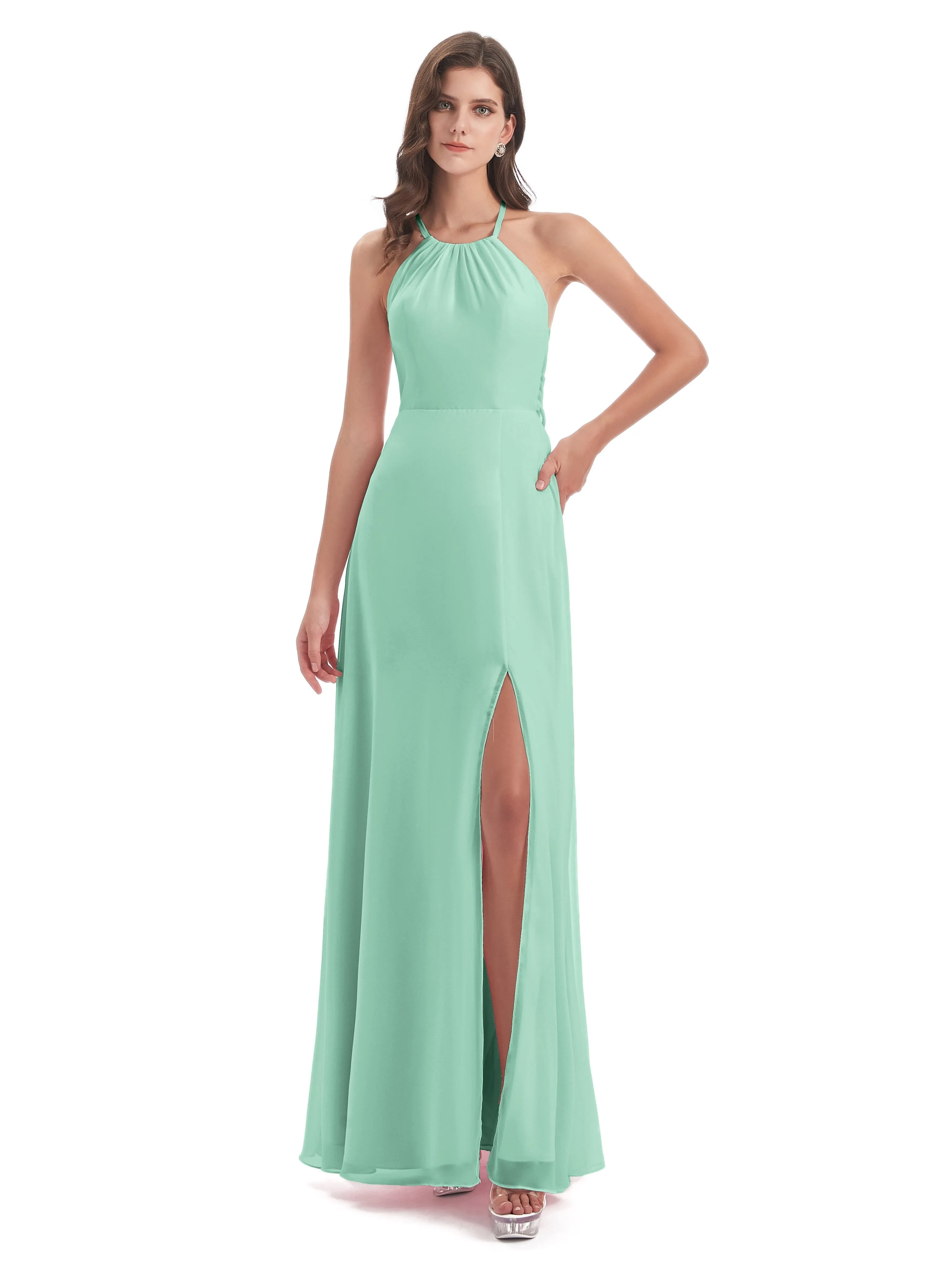 Ayla Modern Chiffon Sheath-Column Halter Long Bridesmaid Dresses