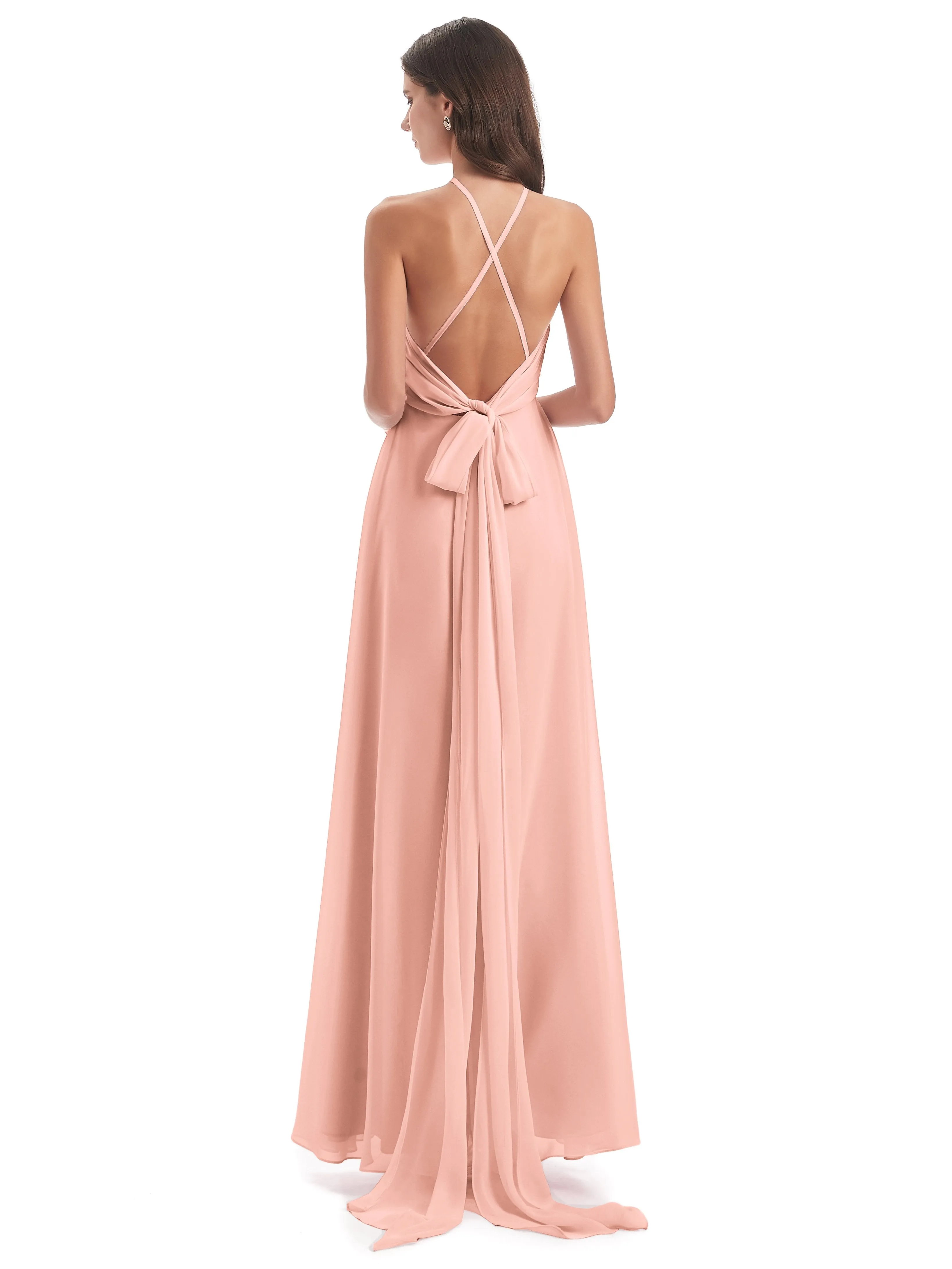 Ayla Modern Chiffon Sheath-Column Halter Long Bridesmaid Dresses