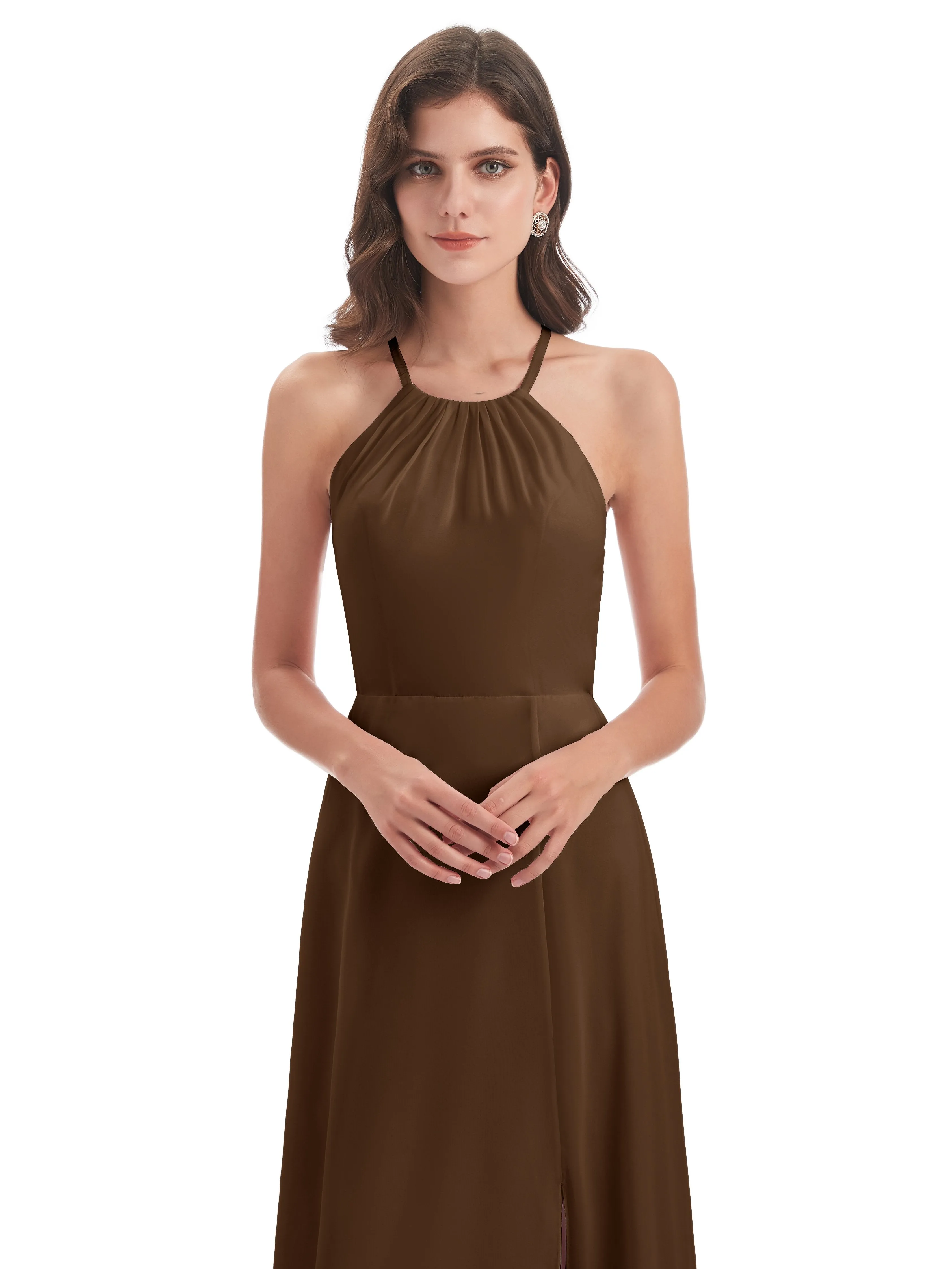 Ayla Modern Chiffon Sheath-Column Halter Long Bridesmaid Dresses