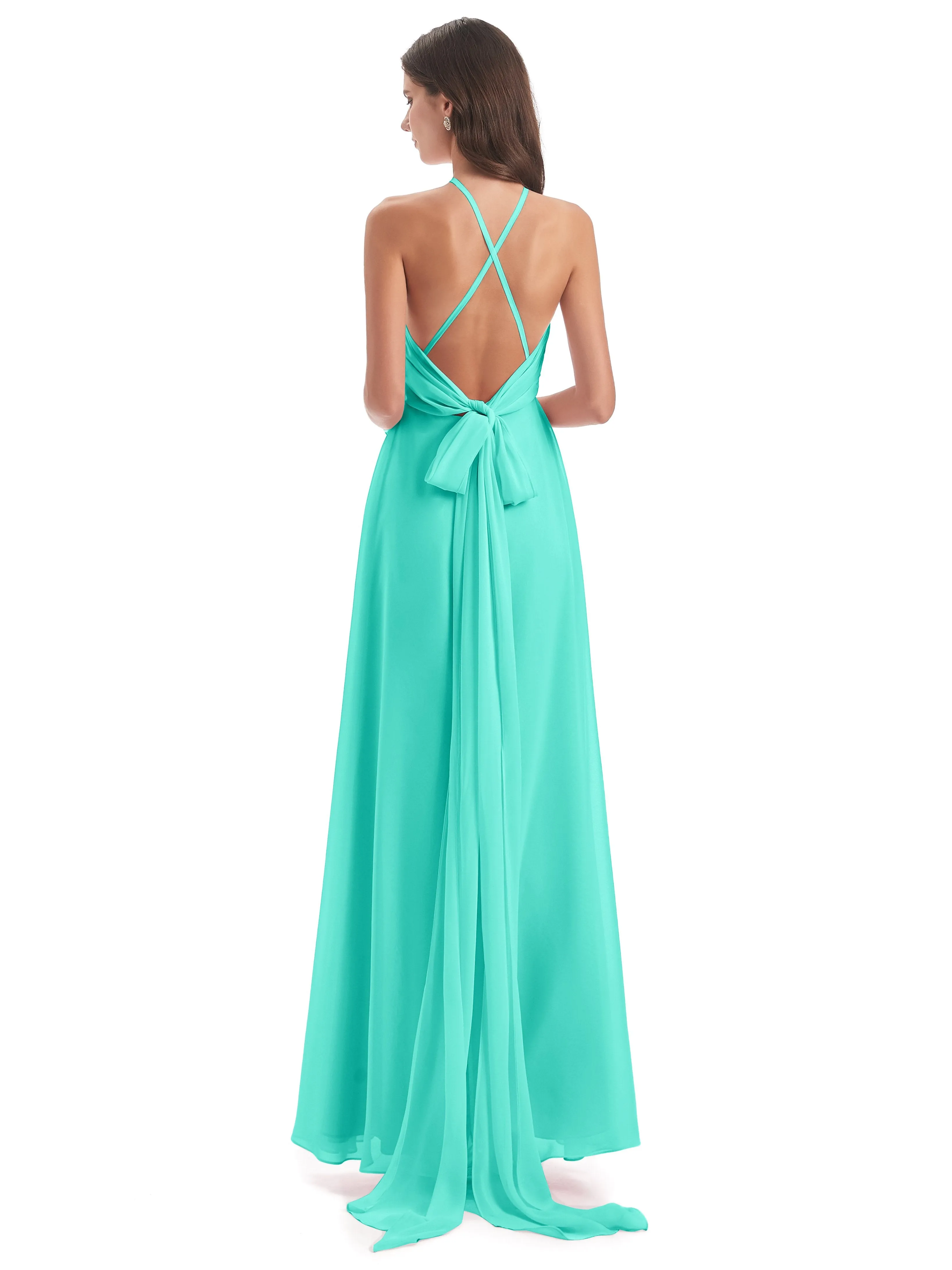 Ayla Modern Chiffon Sheath-Column Halter Long Bridesmaid Dresses