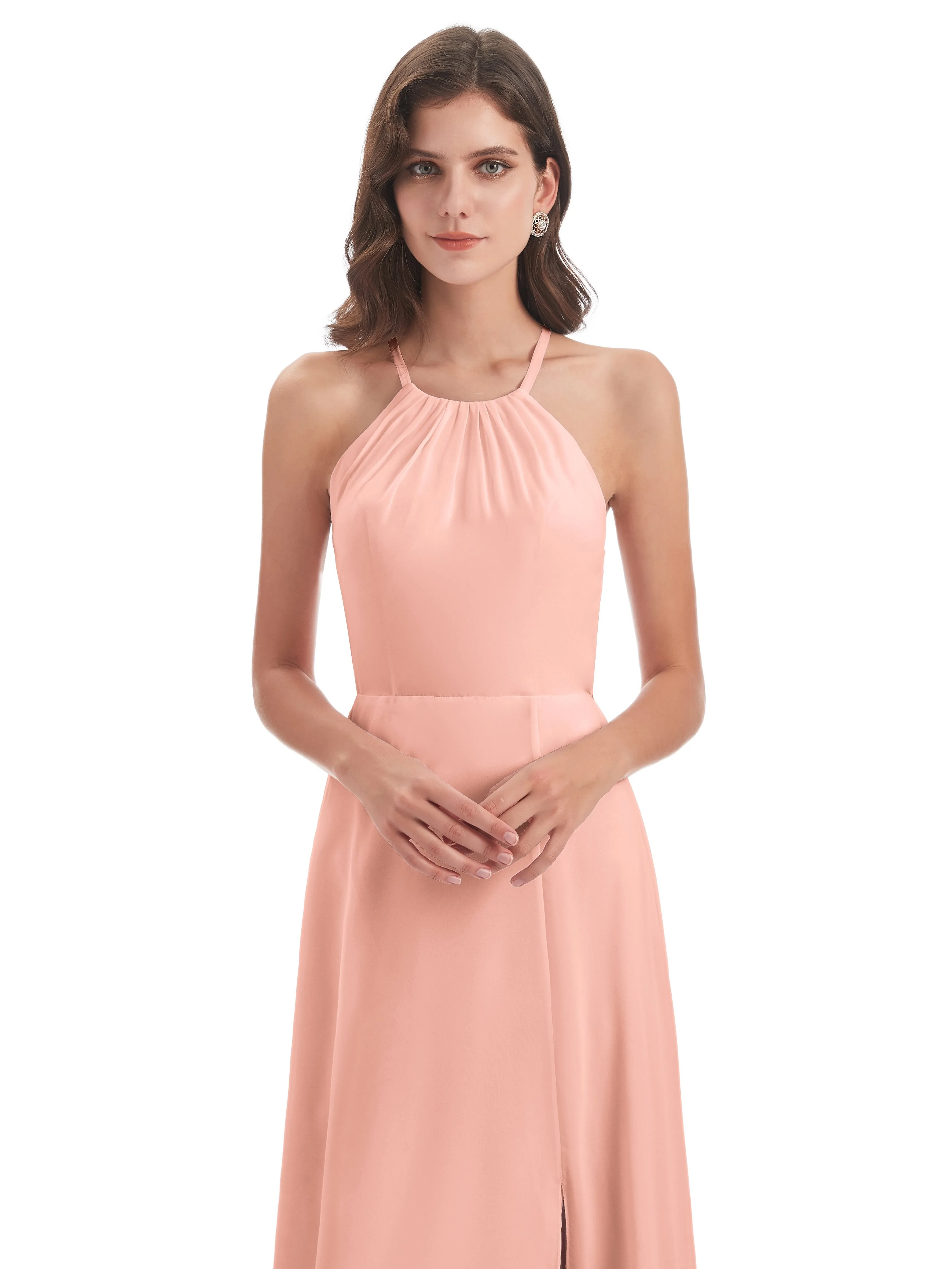 Ayla Modern Chiffon Sheath-Column Halter Long Bridesmaid Dresses