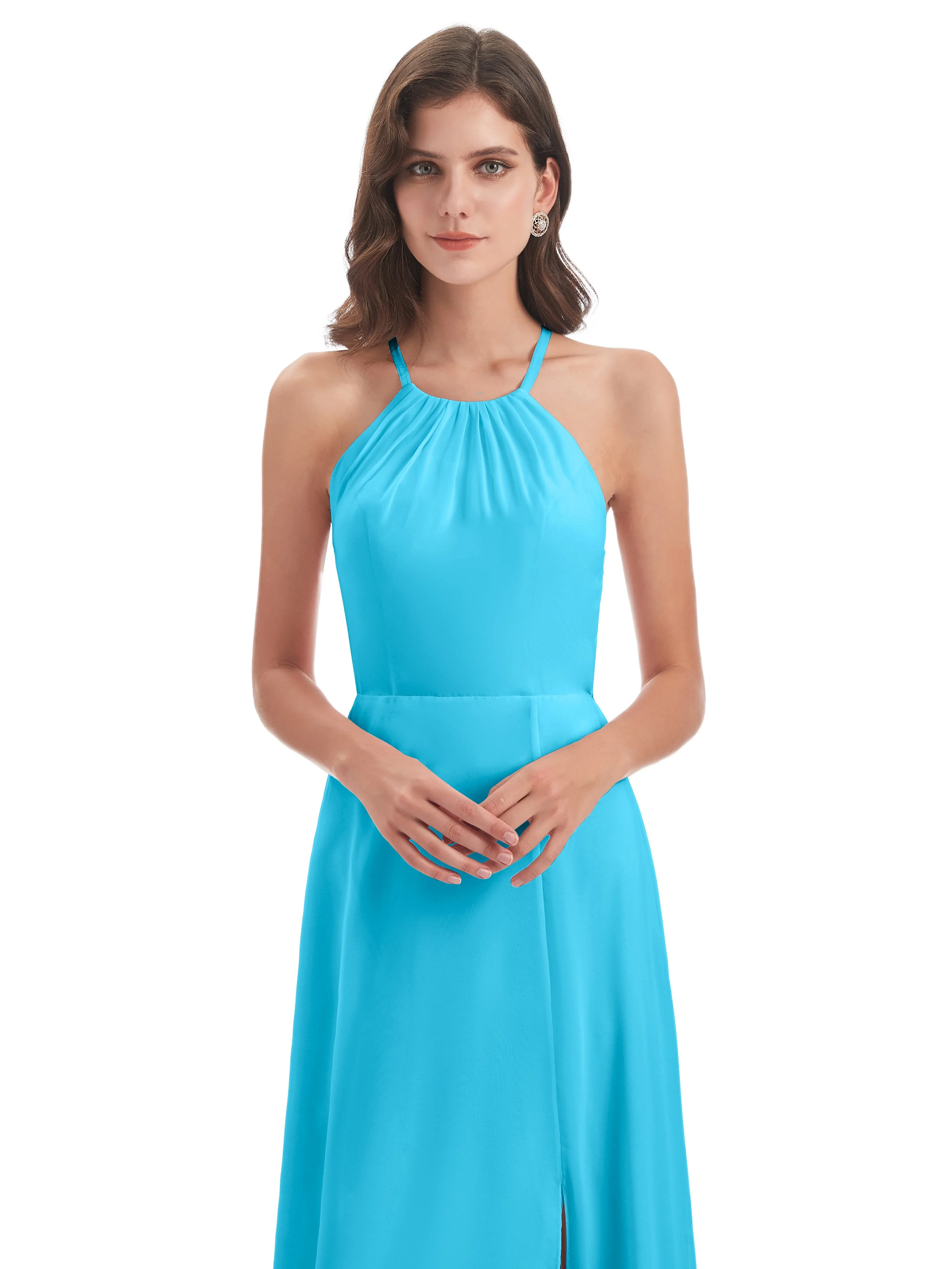 Ayla Modern Chiffon Sheath-Column Halter Long Bridesmaid Dresses