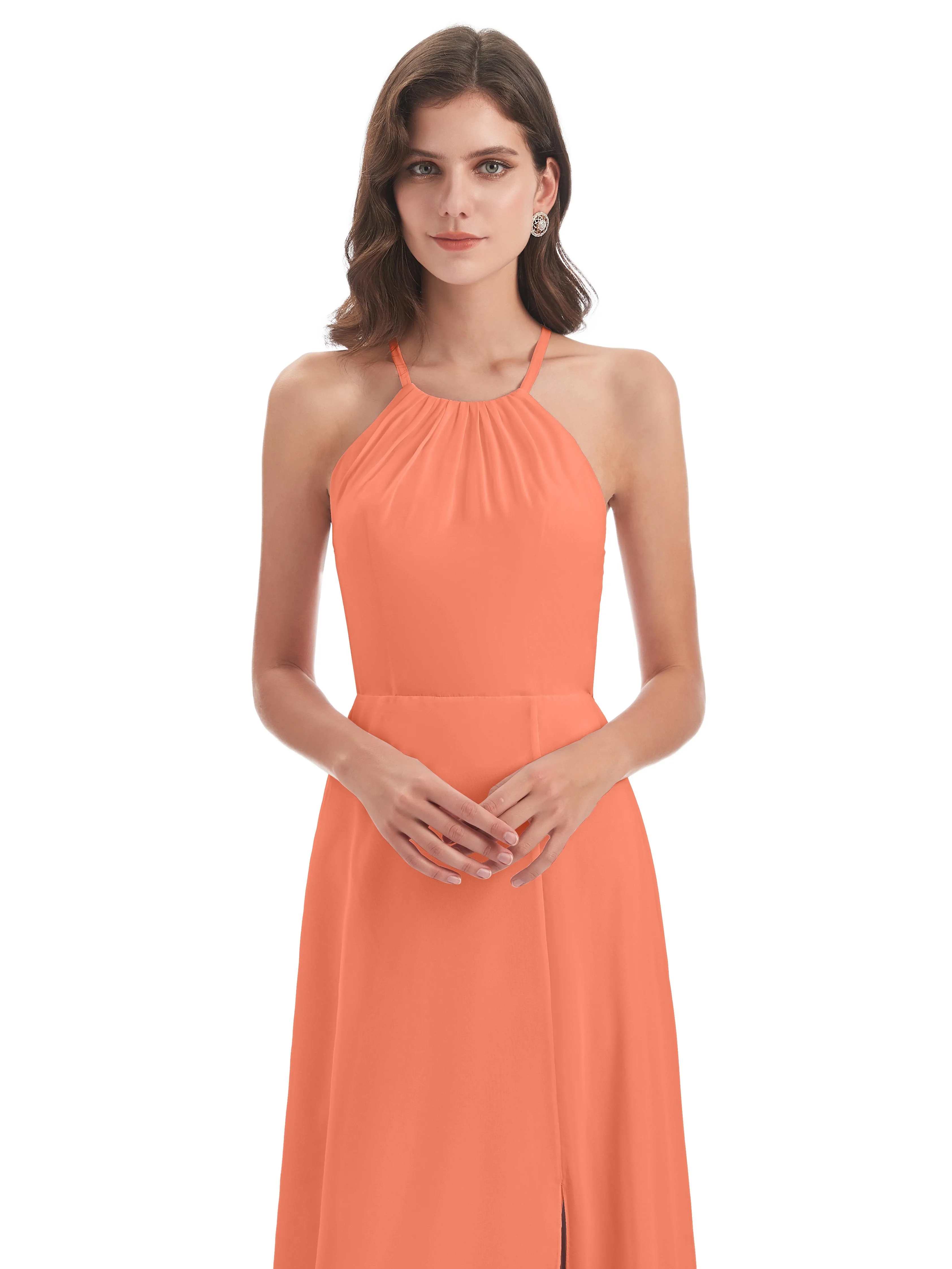 Ayla Modern Chiffon Sheath-Column Halter Long Bridesmaid Dresses