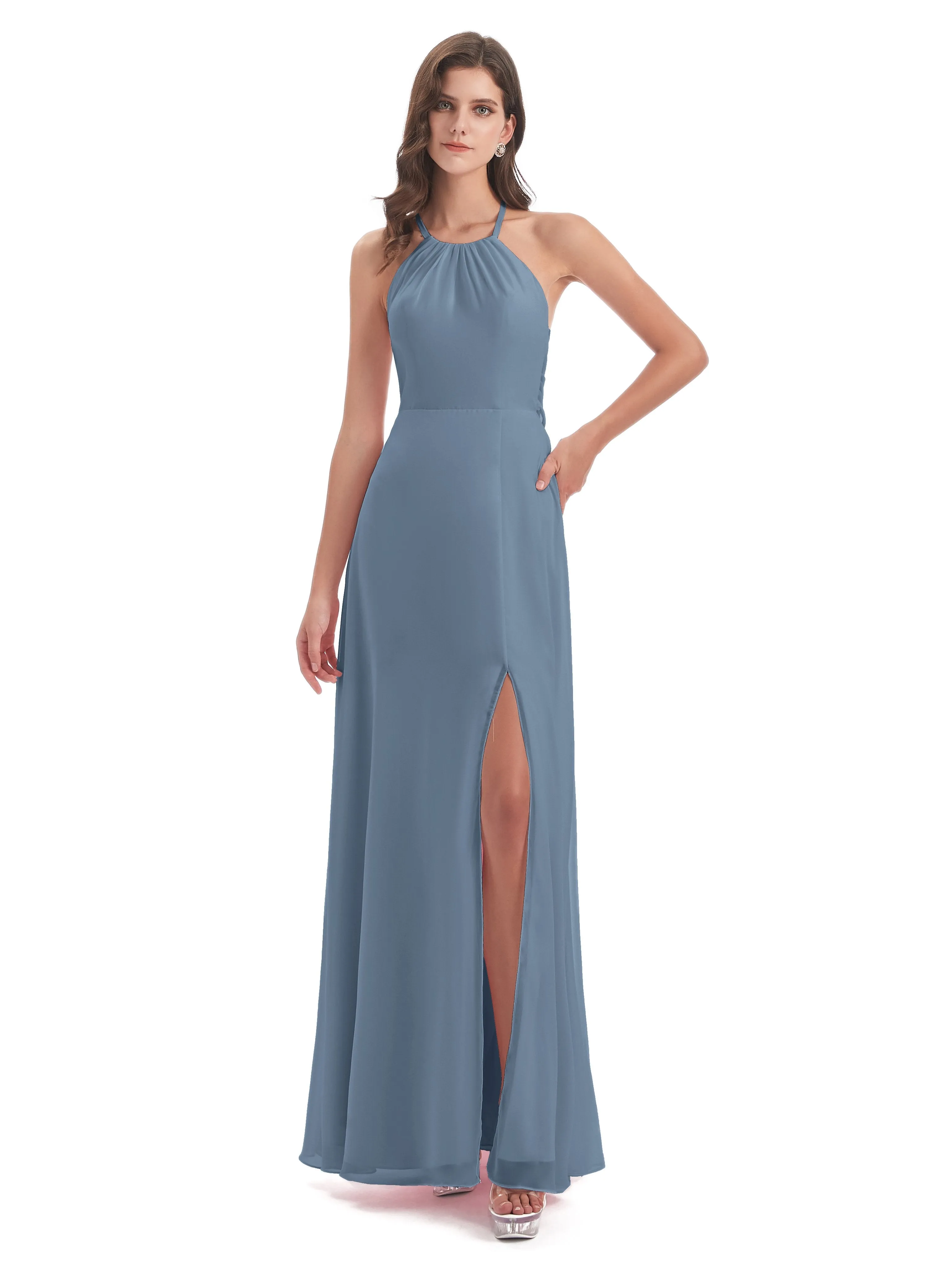 Ayla Modern Chiffon Sheath-Column Halter Long Bridesmaid Dresses