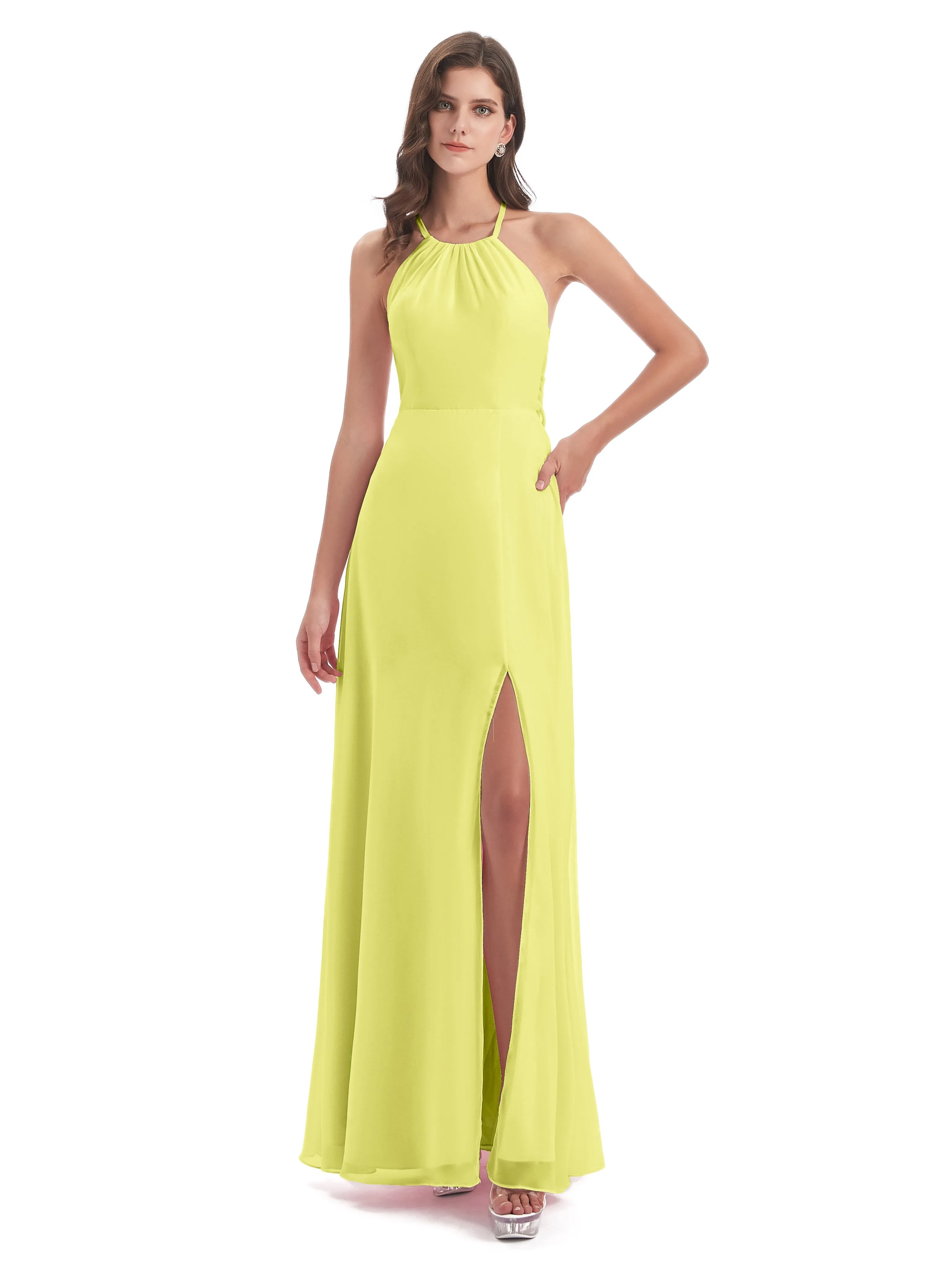 Ayla Modern Chiffon Sheath-Column Halter Long Bridesmaid Dresses