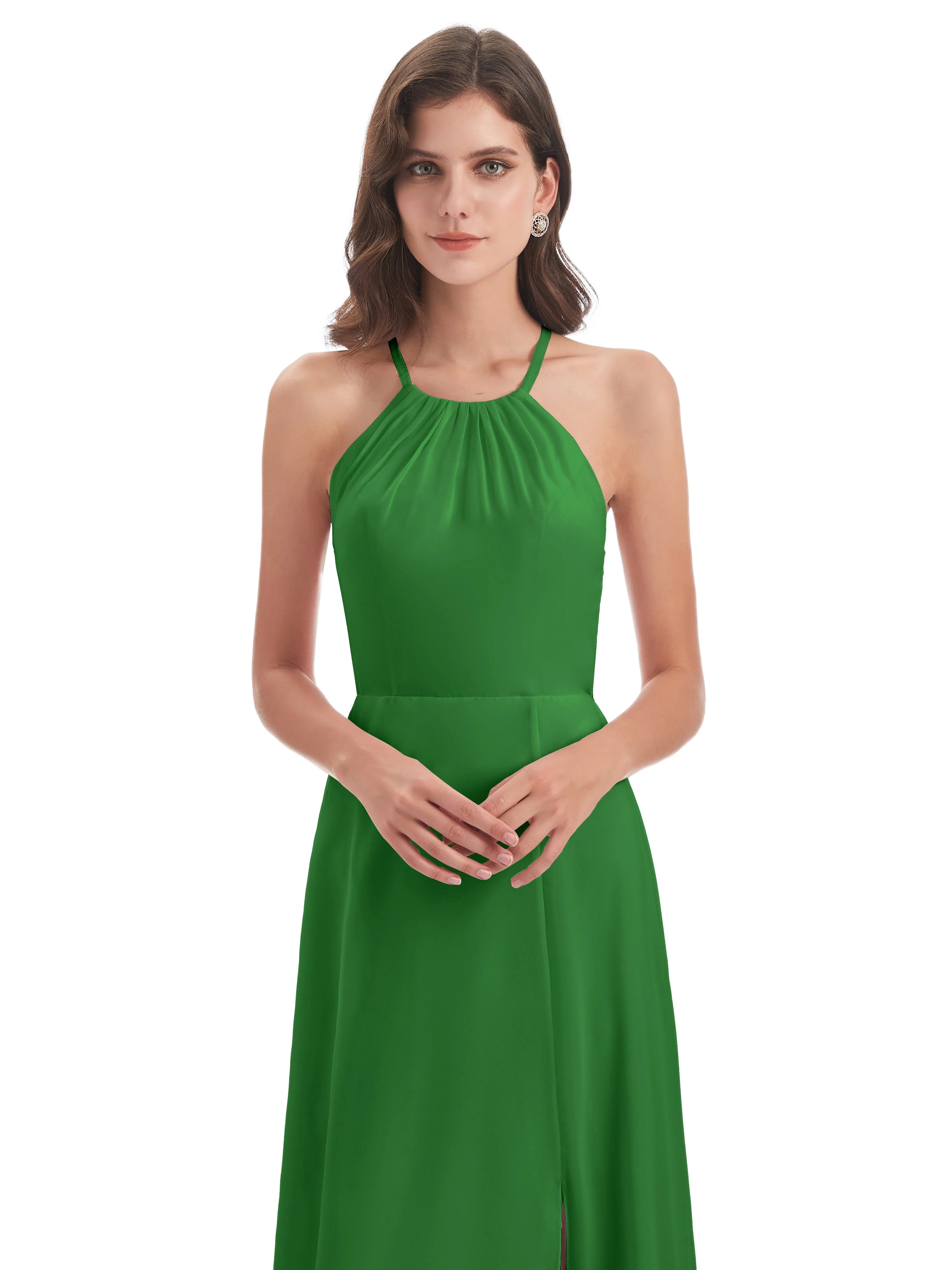 Ayla Modern Chiffon Sheath-Column Halter Long Bridesmaid Dresses