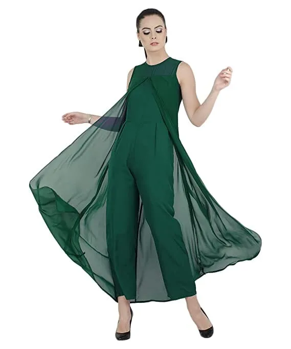 Bahrupiya Clothing Women's Fusion Layered Jumpsuit Cum Maxi Dress/Sleeveless Dress for Woman