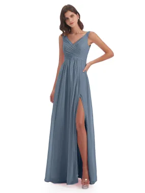 Bella Chiffon Column V-neck Long Bridesmaid Dresses