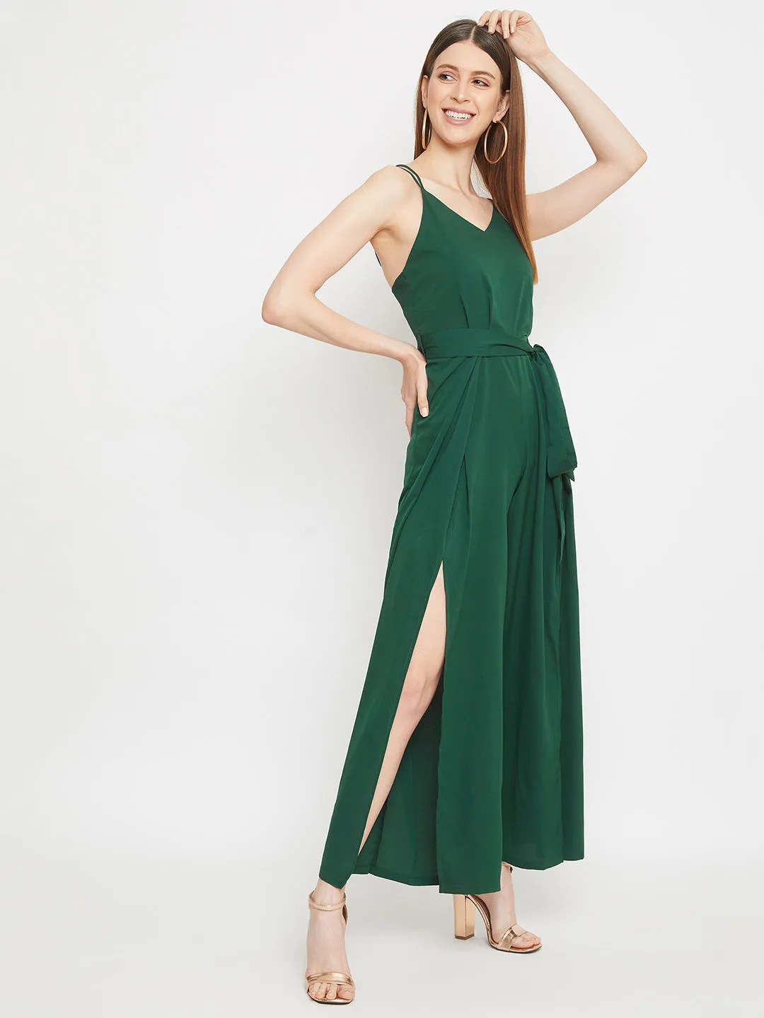 Berrylush Women Solid Green Backless Tie-Knot Jumpsuit