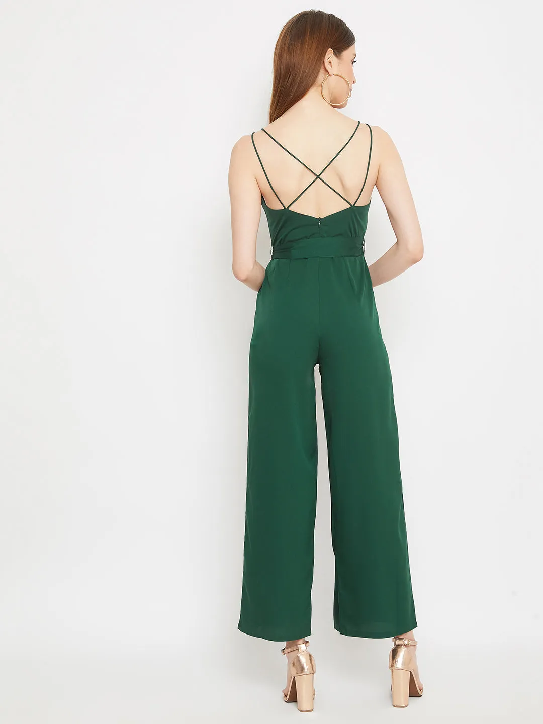 Berrylush Women Solid Green Backless Tie-Knot Jumpsuit