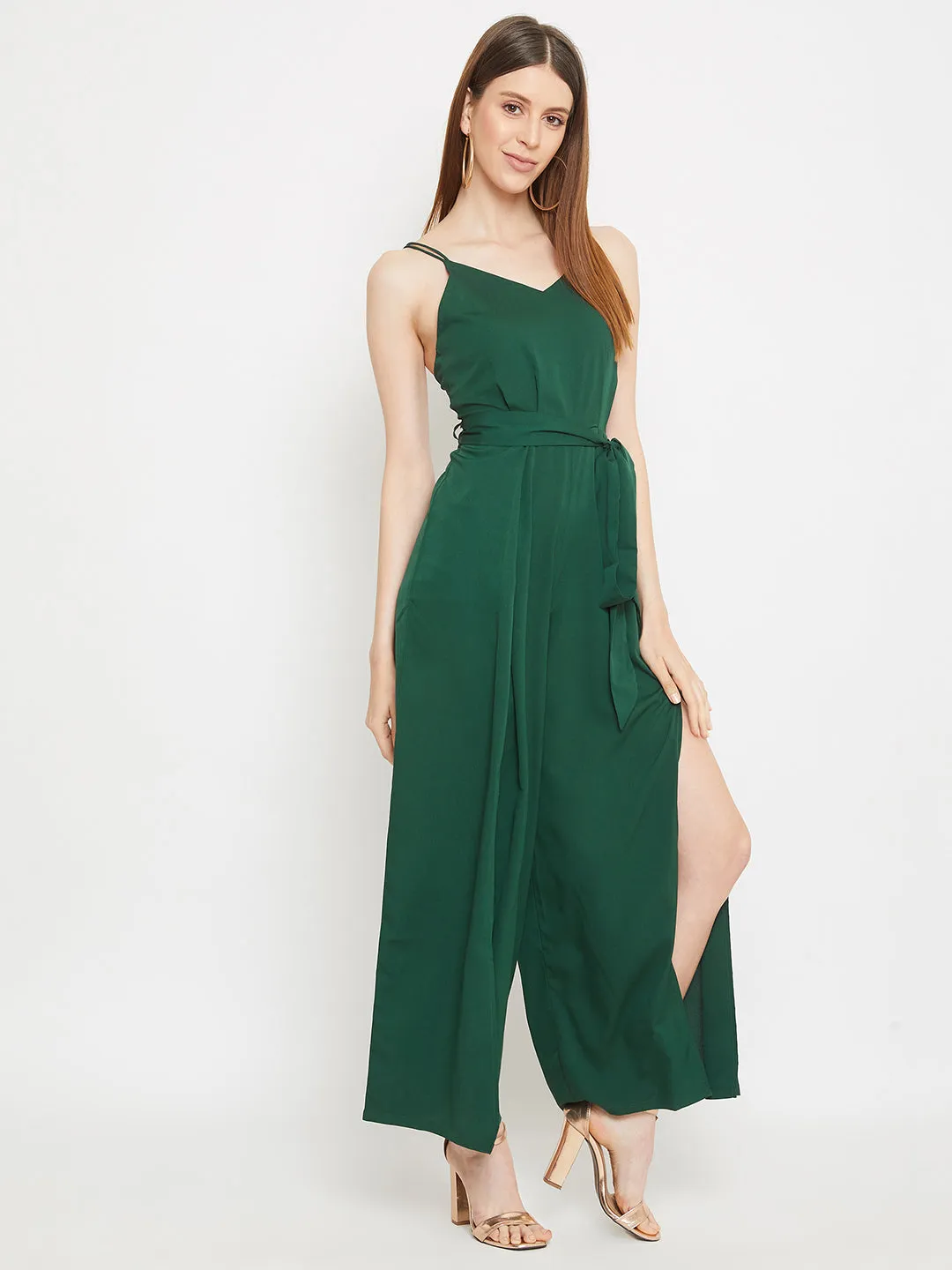 Berrylush Women Solid Green Backless Tie-Knot Jumpsuit