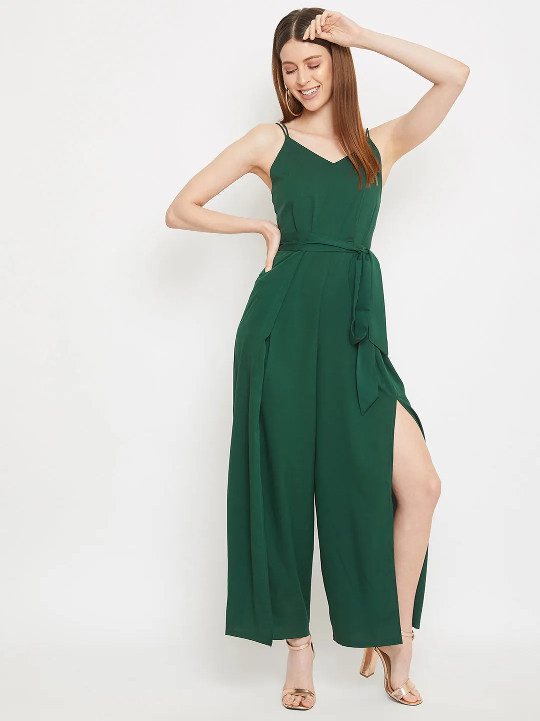 Berrylush Women Solid Green Backless Tie-Knot Jumpsuit