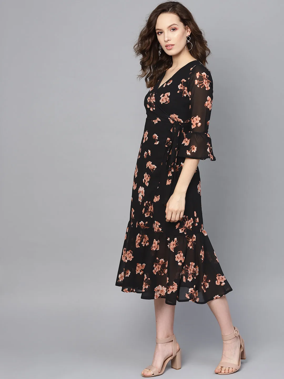 Black Floral Wrap Tie Dress