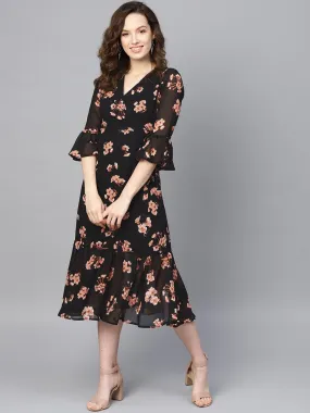 Black Floral Wrap Tie Dress