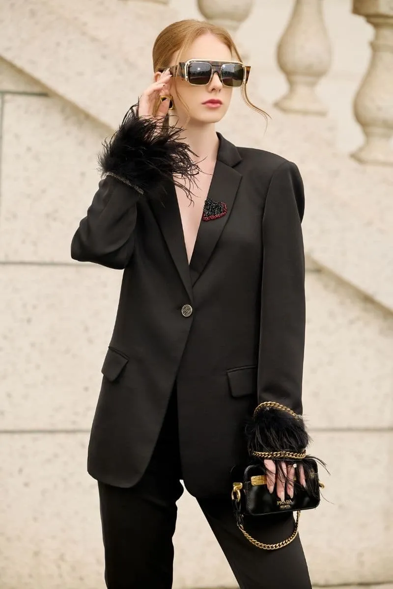 BLACK KELLY TAFFETA FEATHER SUIT JACKET