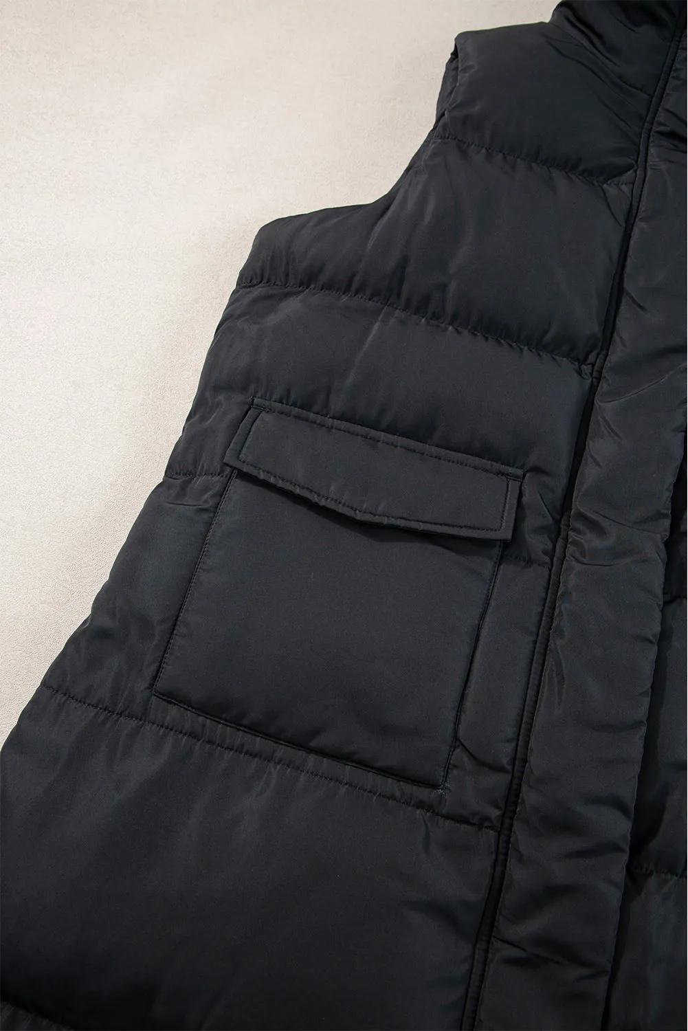 Black Solid Color Puffer Zip Up Pocketed Vest Coat