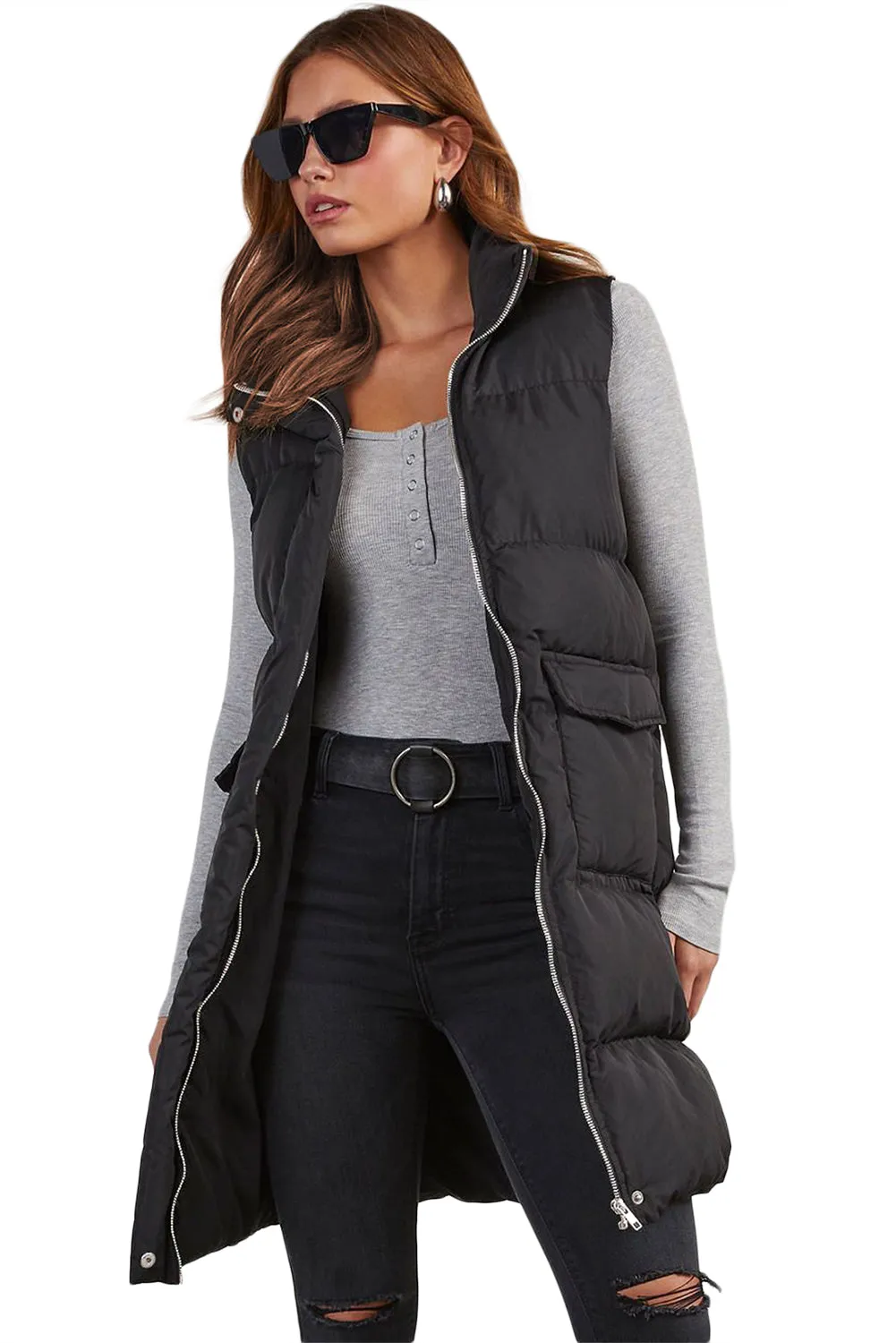 Black Solid Color Puffer Zip Up Pocketed Vest Coat