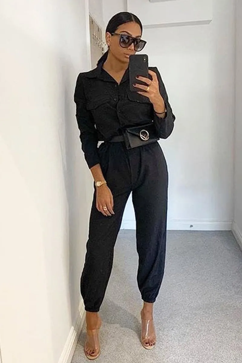 Black Woven Button Down Boiler Jumpsuit - Janise