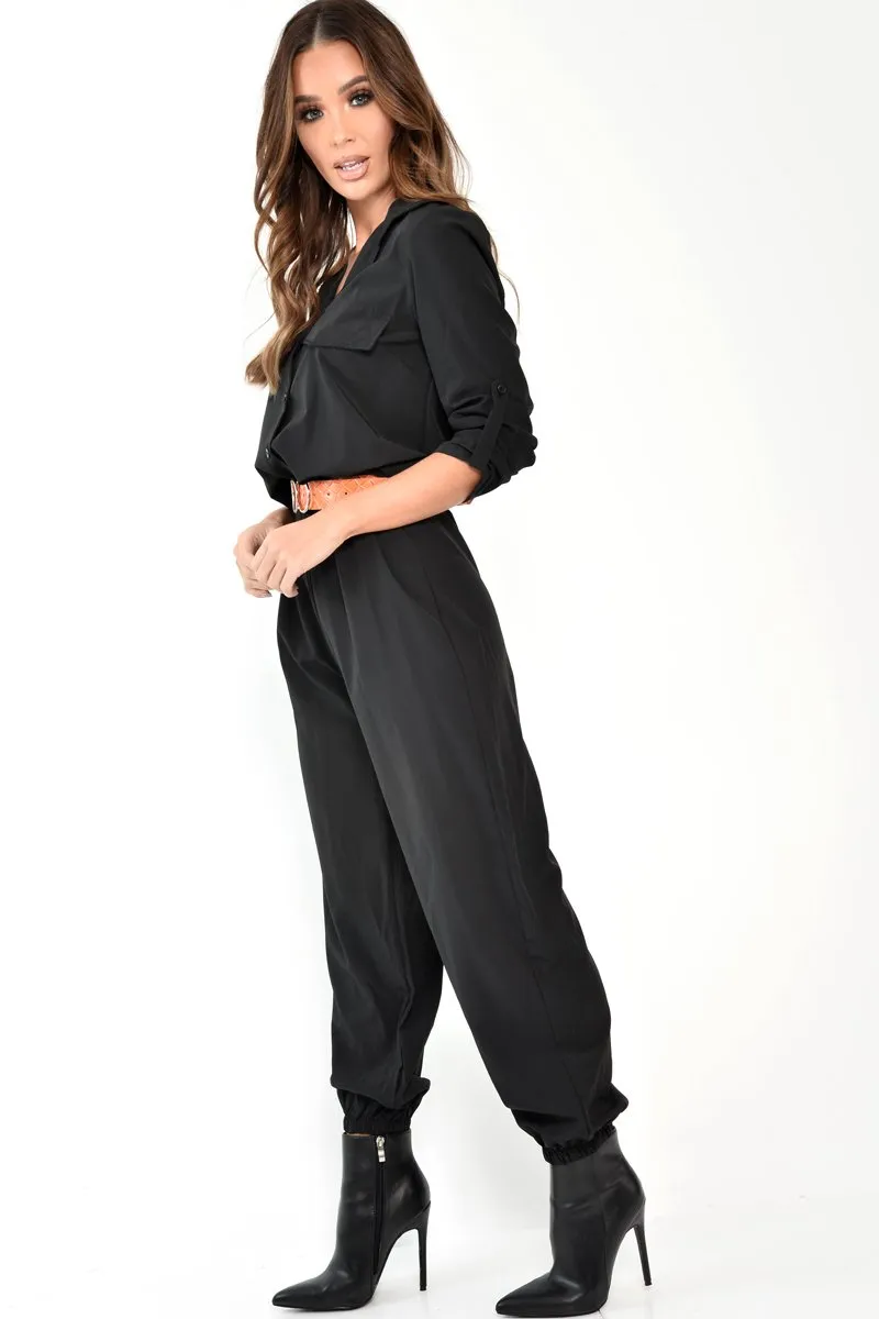 Black Woven Button Down Boiler Jumpsuit - Janise