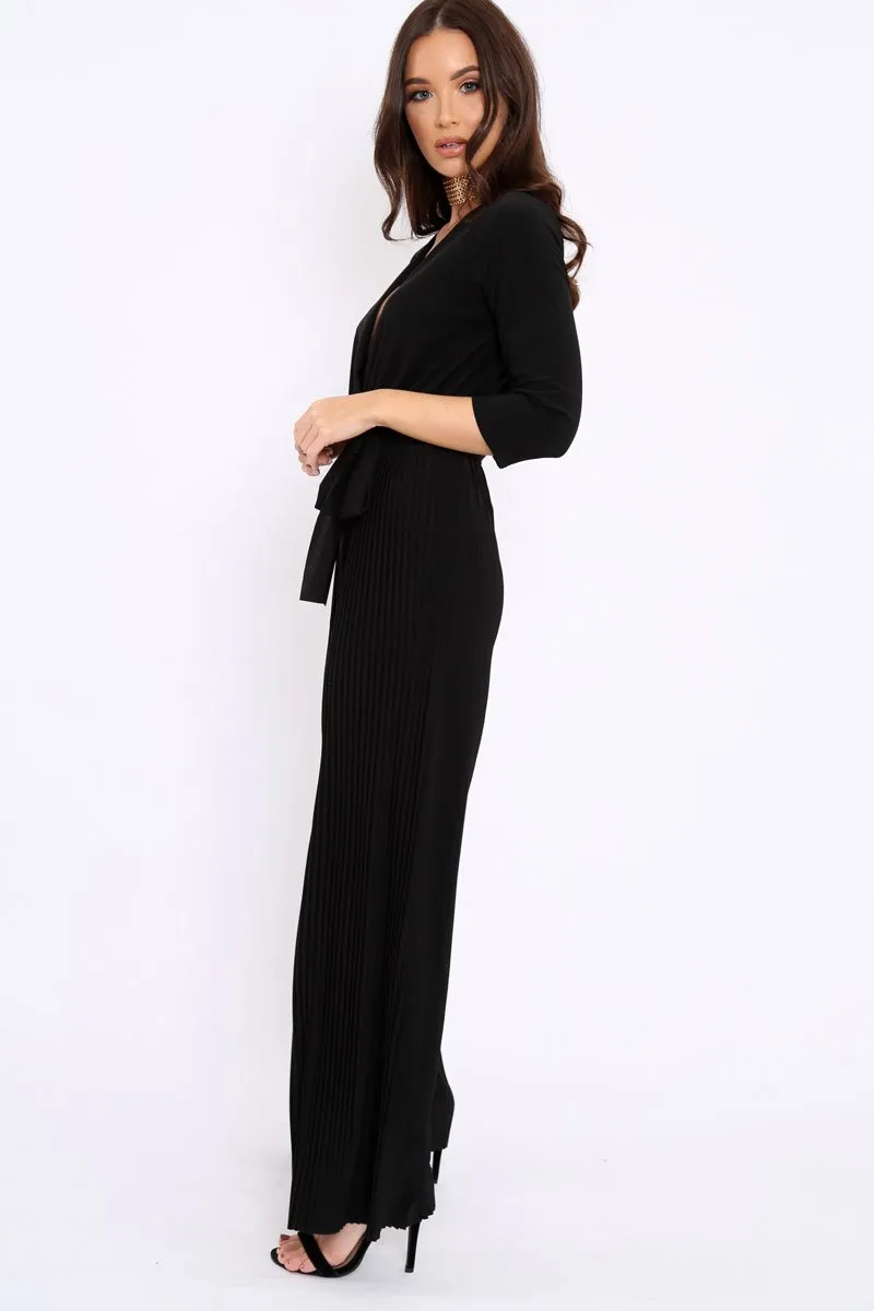 Black Wrap Front Plisse Leg Jumpsuit - Haiden