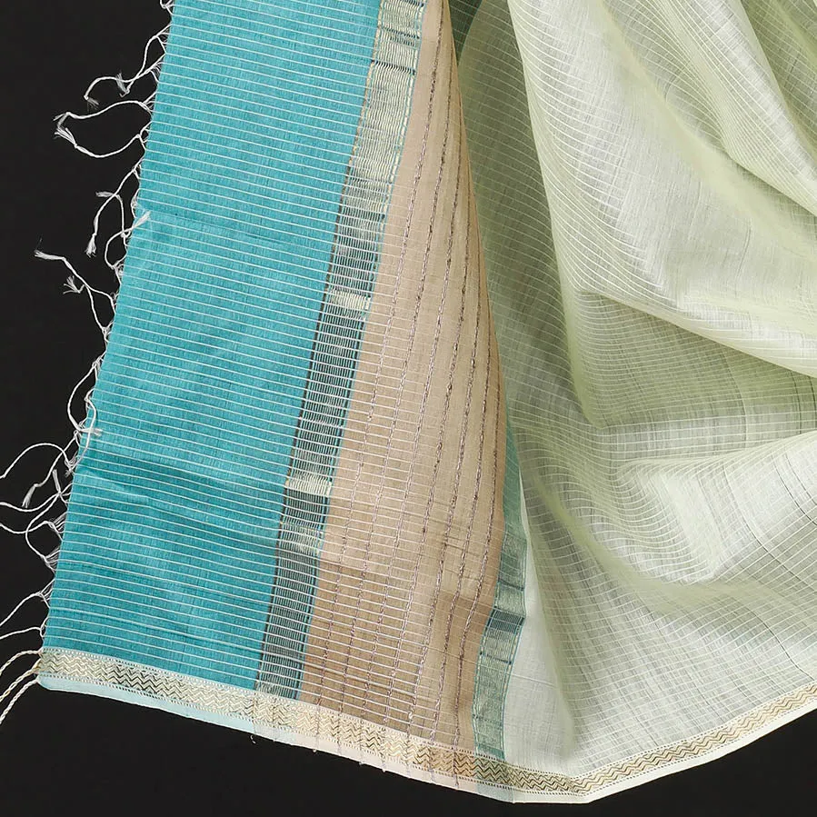 Blue - 2pc Maheshwari Silk Cotton Handloom Stripe Suit Material Set with Zari Border