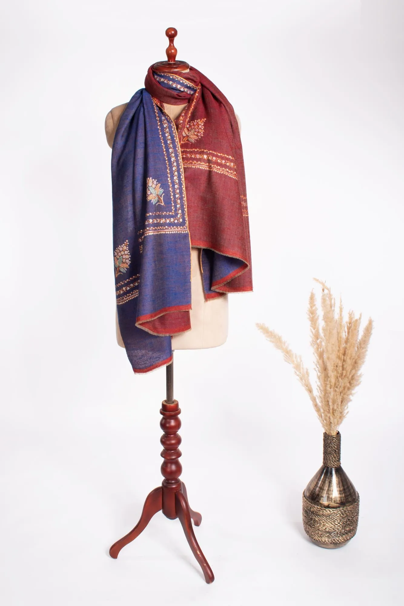 Blue Maroon Dorukha Hashia Pashmina Wrap - JASPER